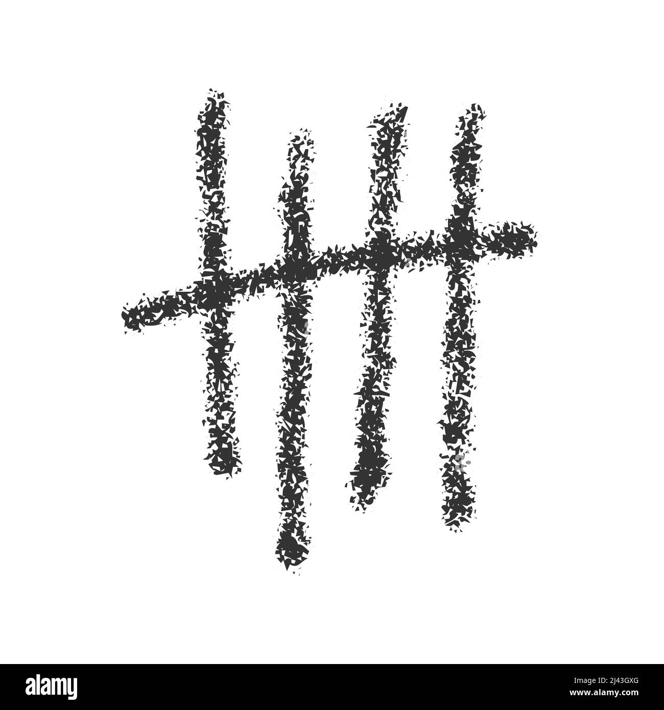 Contrassegno di conteggio carbone. Bastoni disegnati a mano ordinati da quattro e incrociati da una linea di barra. Simbolo conteggio giorni sulla parete della prigione. Segnale del numero di sistema unario 5. Illustrazione vettoriale Illustrazione Vettoriale