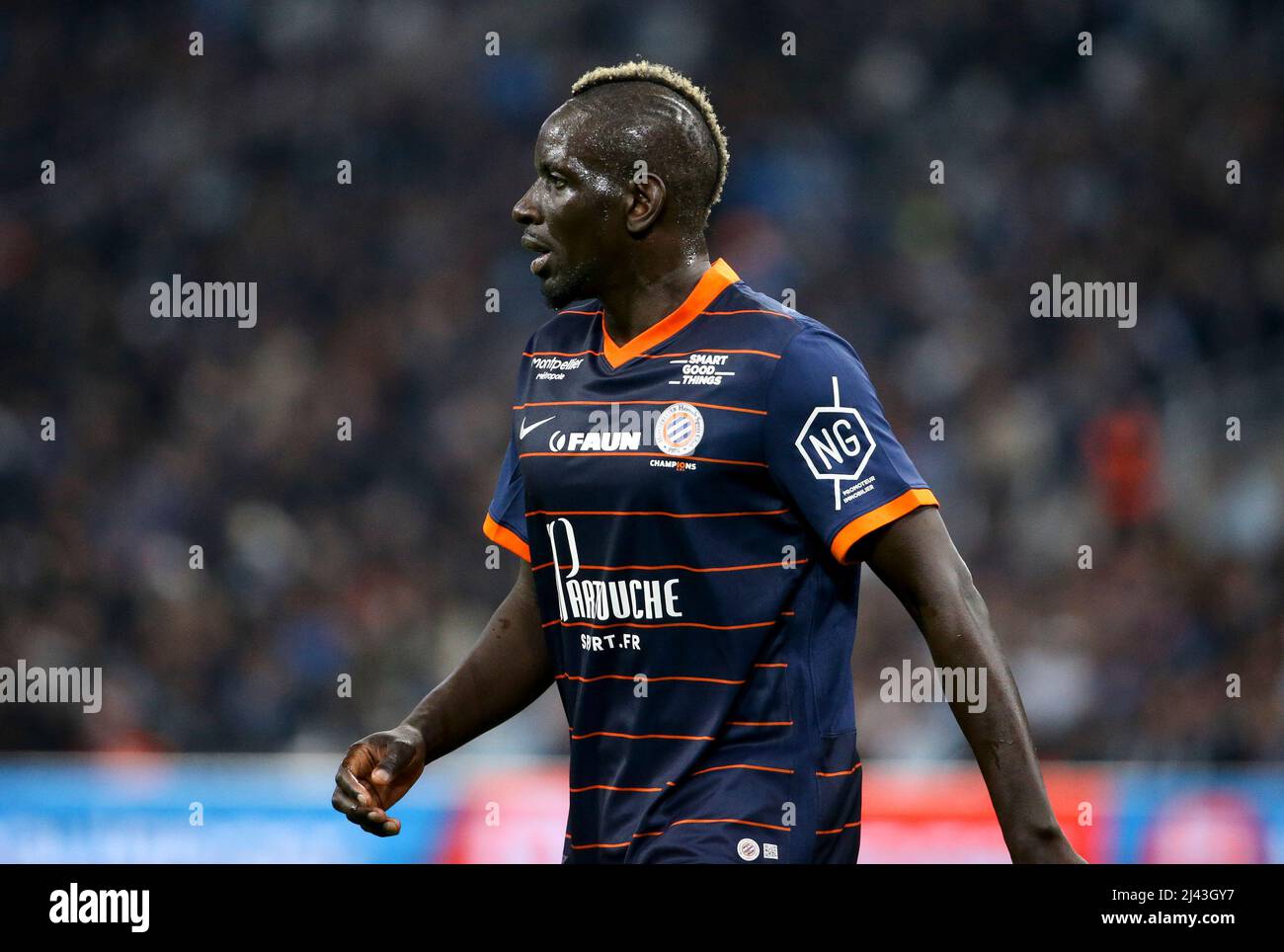 Mamadou Sakho di Montpellier durante il campionato francese Ligue 1 partita  di calcio tra Olympique de Marseille (OM) e Montpellier HSC (MHSC) il 10  aprile 2022 allo Stade Velodrome di Marsiglia, Francia -
