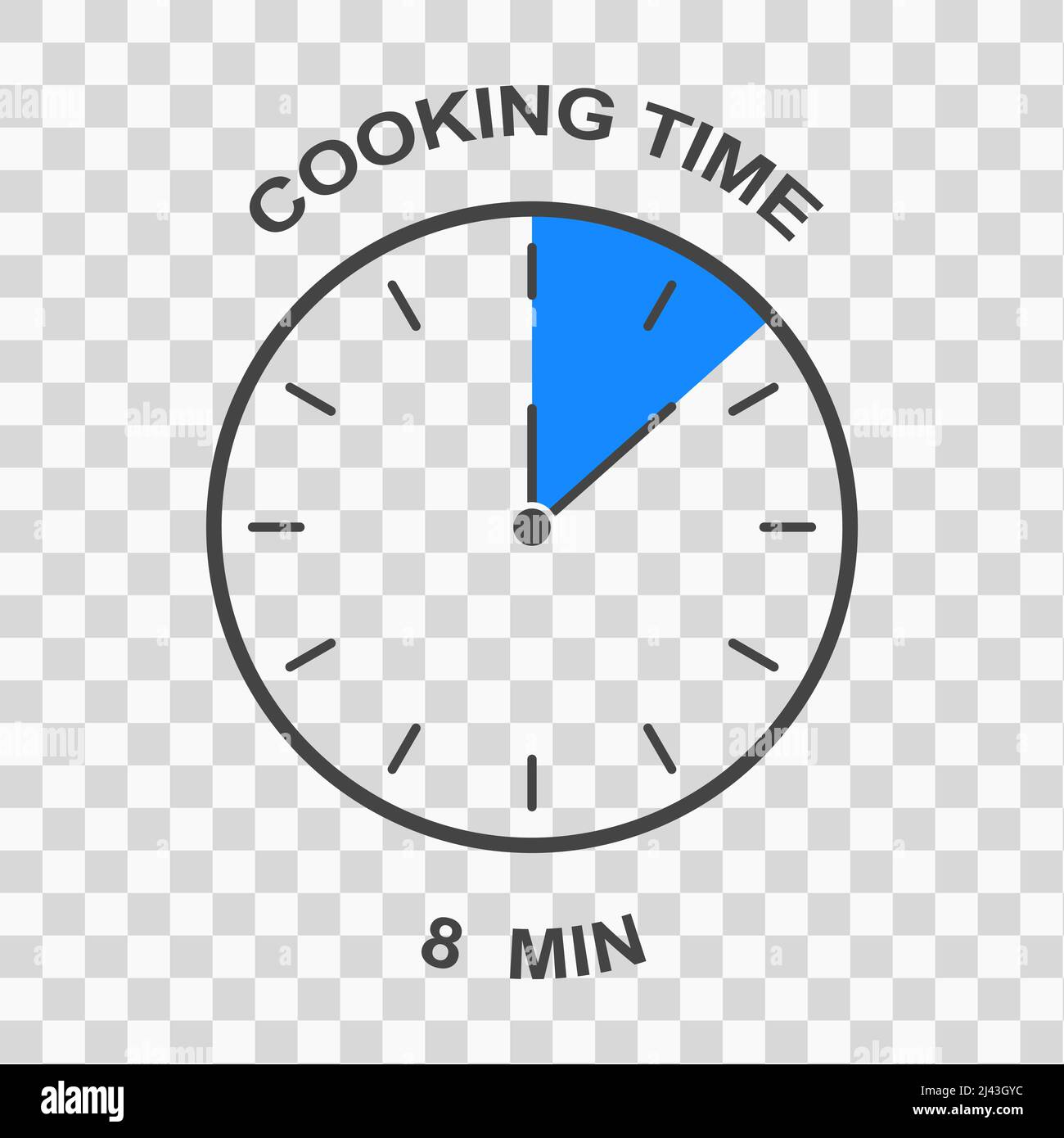Icona del tempo di cottura. Quadrante dell'orologio con intervallo di tempo di 8 minuti. Simbolo del timer. Elemento infografico per le istruzioni di preparazione degli alimenti isolato su sfondo trasparente. Illustrazione piatta vettoriale Illustrazione Vettoriale