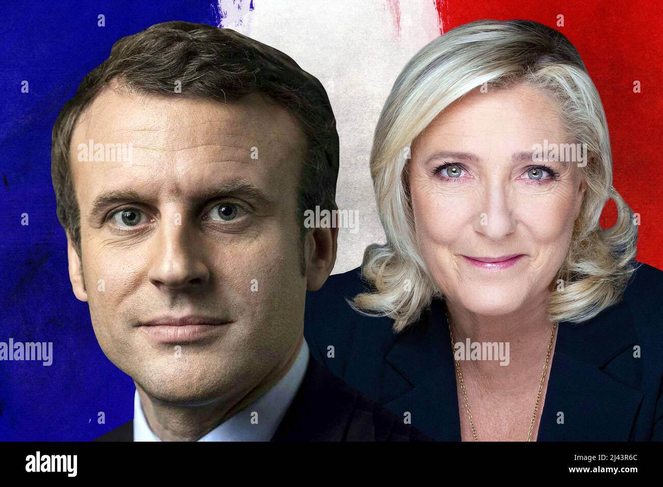 Emmanuel Macron e Marine le Pen con bandiera francese Foto Stock