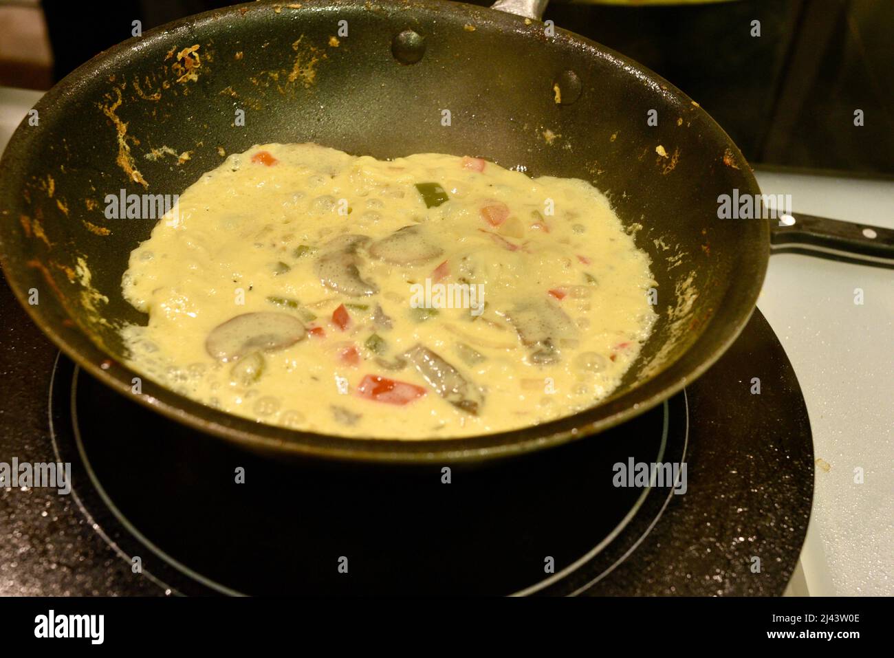 Omelette Just Egg a base di piante preparate con un sostituto dell'uovo a base di fagiolo mungo, assaggiate al National Restaurant Show di Chicago, Illinois, USA Foto Stock