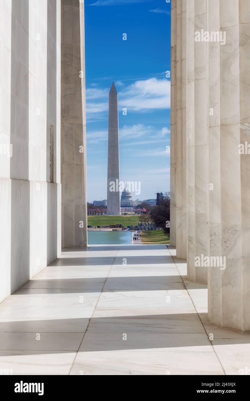 Vista dello skyline di Washington DC dal Lincoln Memorial, dal Washington Monument e dal Campidoglio degli Stati Uniti. Foto Stock