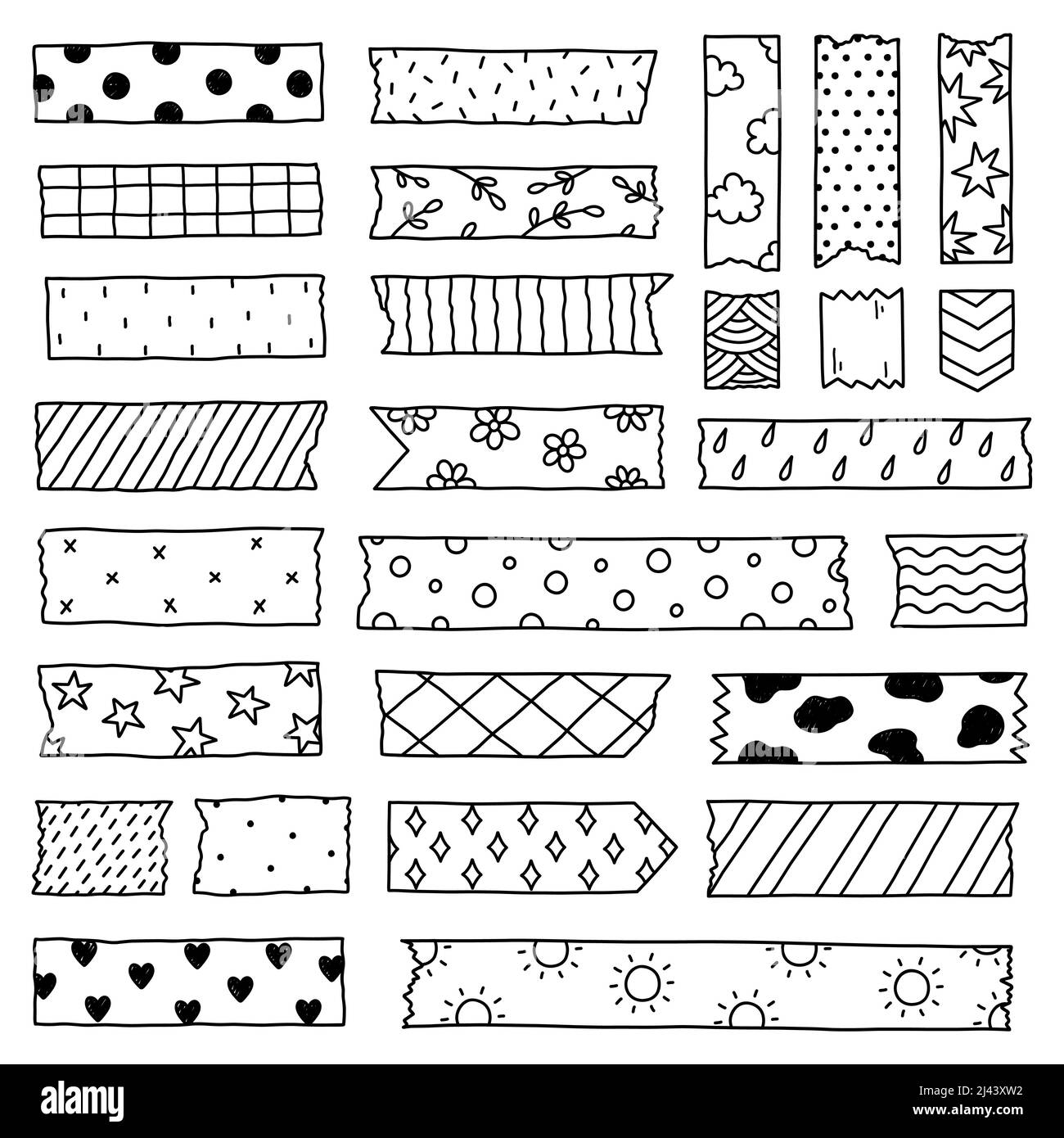 Set di nastri washi con vari design carini isolati su sfondo bianco. Adesivo in carta Scotch. Illustrazione vettoriale disegnata a mano in stile doodle. Illustrazione Vettoriale Set di nastri washi con vari design carini isolati su sfondo bianco. Adesivo in carta Scotch. Illustrazione vettoriale disegnata a mano in stile doodle. Illustrazione Vettoriale
