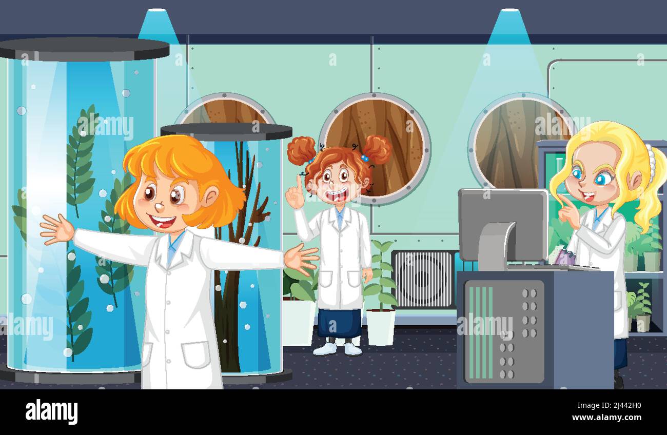 Laboratorio scientifico per esperimenti chimici con illustrazione di scienziato Illustrazione Vettoriale