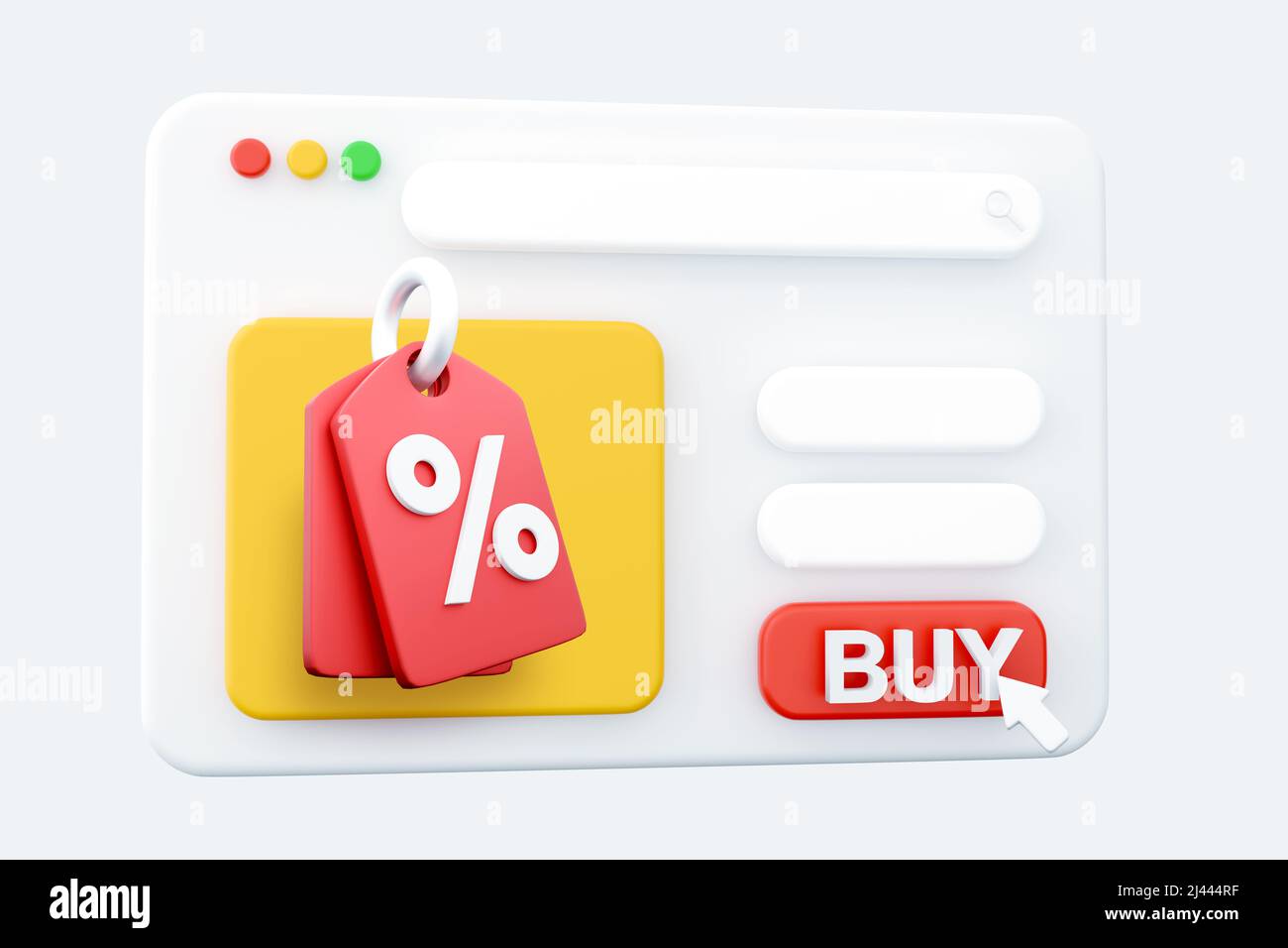 Online shopping tag prezzo 3D render web page, coupon di sconto in contanti per uso futuro. Vendite con un'ottima offerta 3D per lo shopping, Offerta speciale pro Foto Stock
