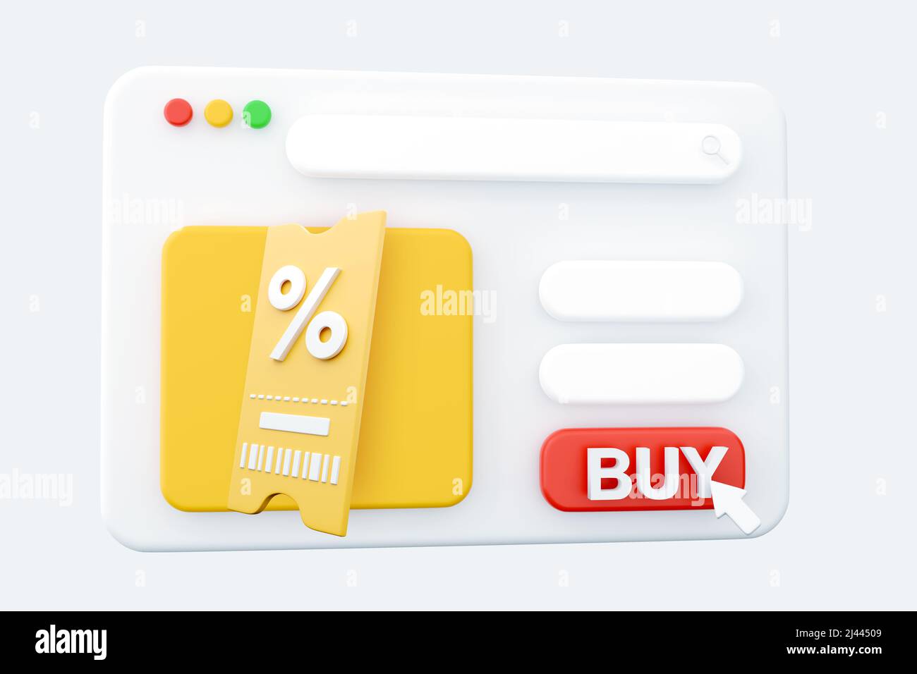 Online shopping tag prezzo 3D render web page, coupon di sconto in contanti per uso futuro. Vendite con un'ottima offerta 3D per lo shopping, Offerta speciale pro Foto Stock