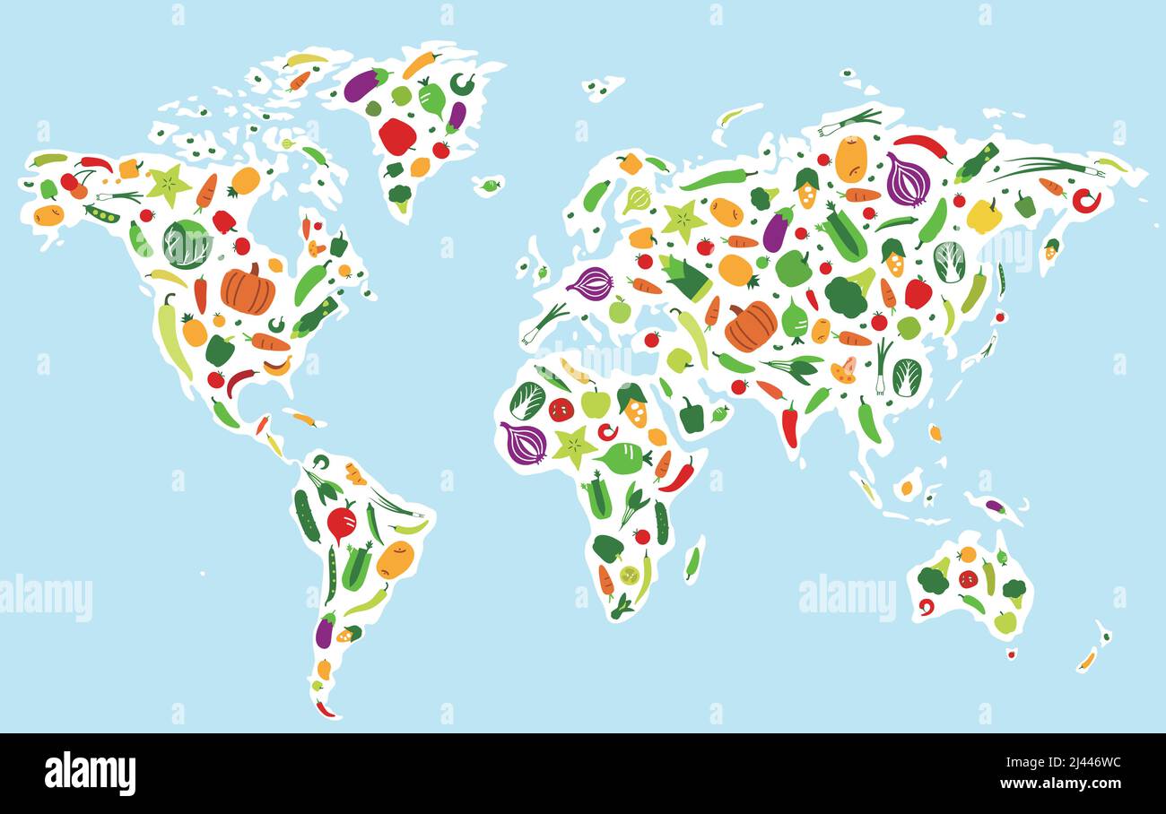 La frutta e la verdura icone nella mappa del mondo, illustrazione vettoriale Illustrazione Vettoriale
