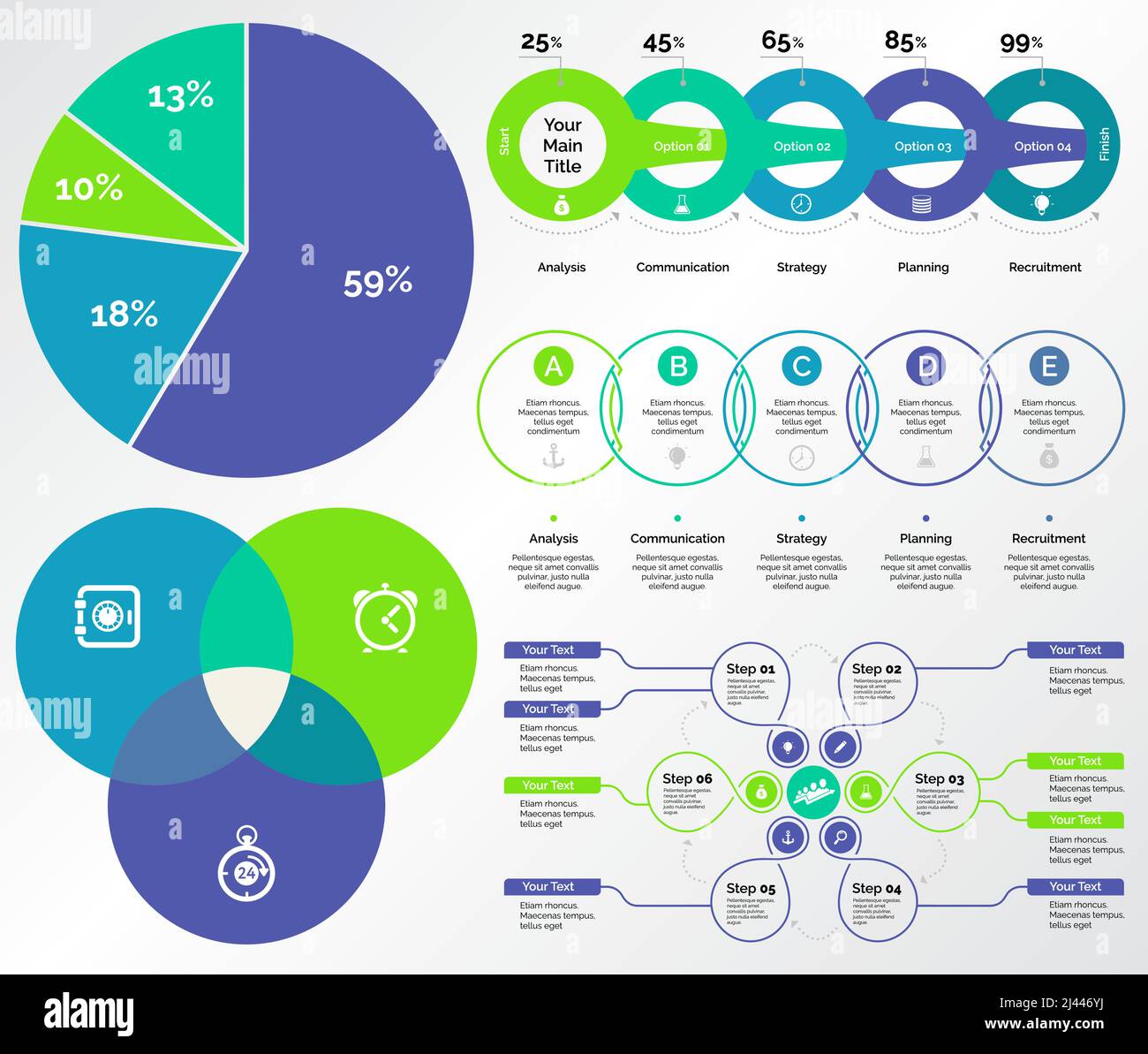 Il set di progettazione infografica può essere utilizzato per il layout del flusso di lavoro, il diagramma, il report annuale, la presentazione, il web design. Concetto di business e contabilità con processo Illustrazione Vettoriale