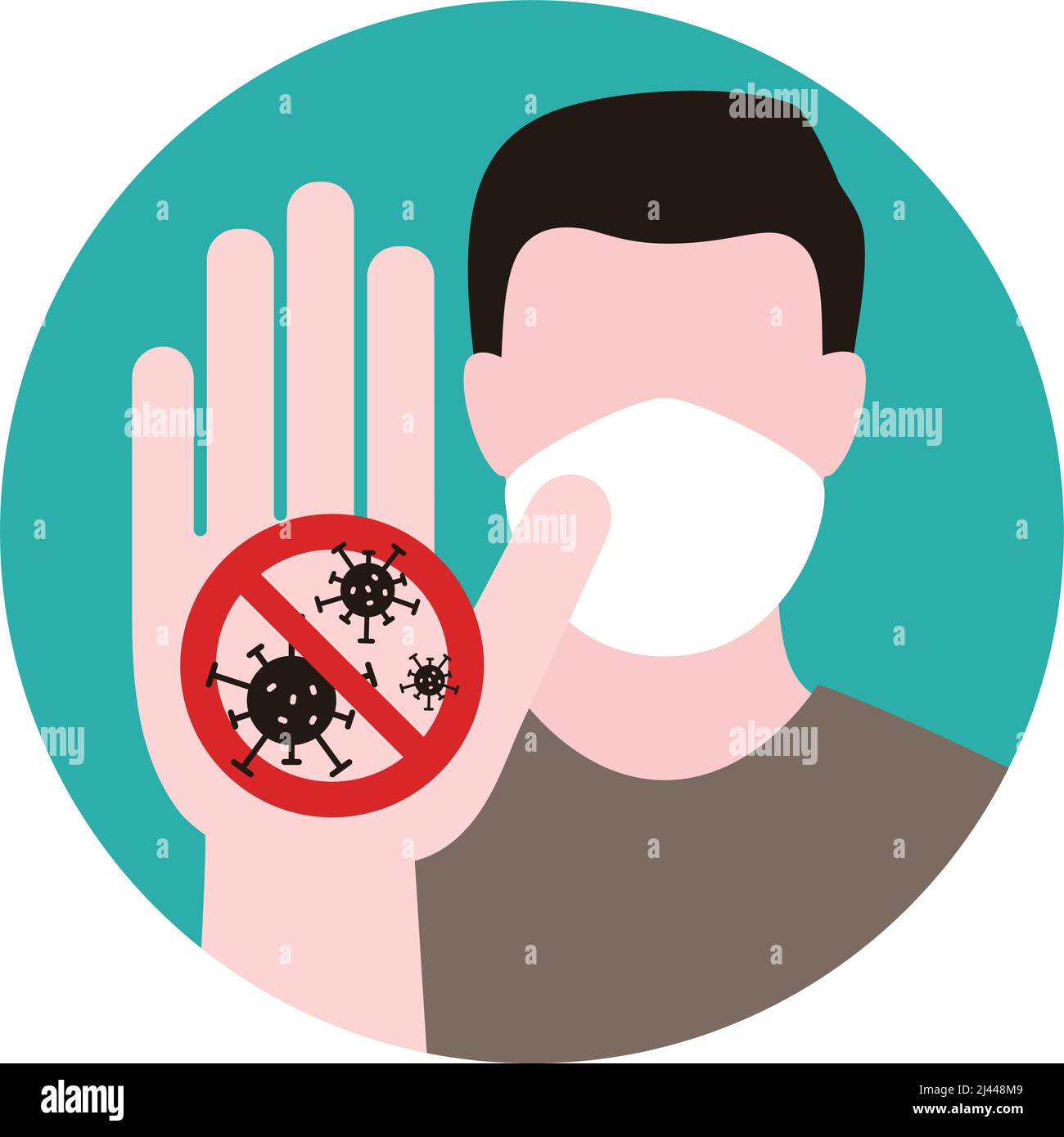 Uomo che indossa una maschera per proteggerlo dal nuovo coronavirus, stop segno Illustrazione Vettoriale