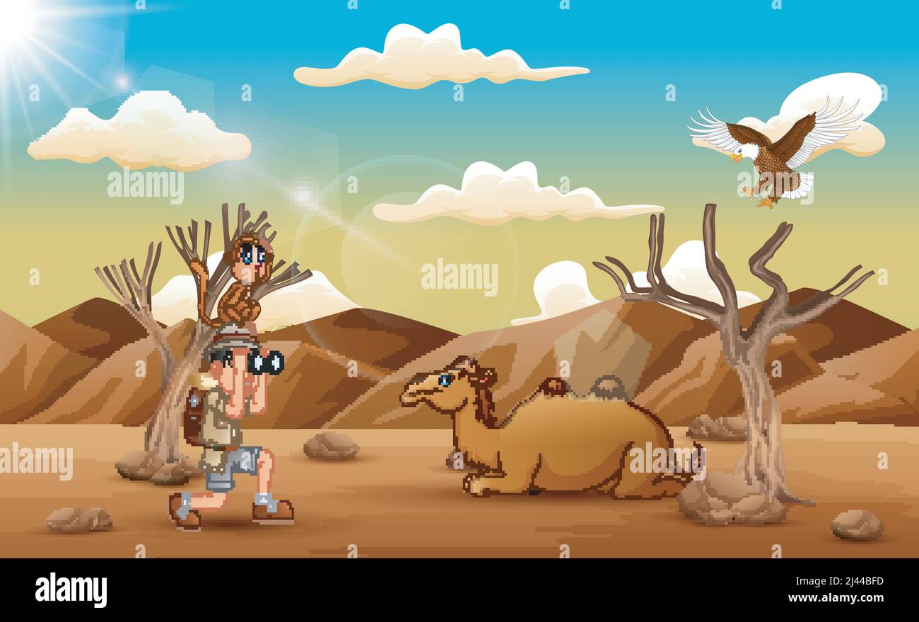 Felice vacanza con vedere gli animali nel deserto Illustrazione Vettoriale
