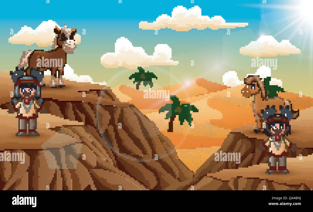 Felice ragazzo e ragazza indiana con il paesaggio del deserto Illustrazione Vettoriale