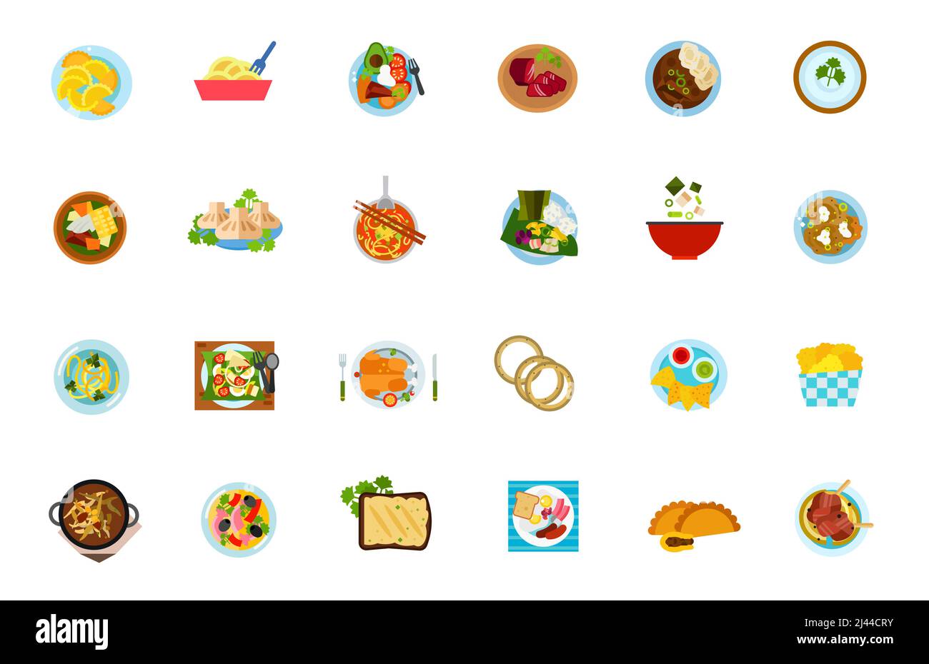 Set di icone per il cibo tradizionale. Gnocchi Noodle Sobrebarriga Sudada Basturma manzo Goulash bechamel Sause Khinkali Nam Ngiao Laulau Miso zuppa Boxty Gado-Gad Illustrazione Vettoriale