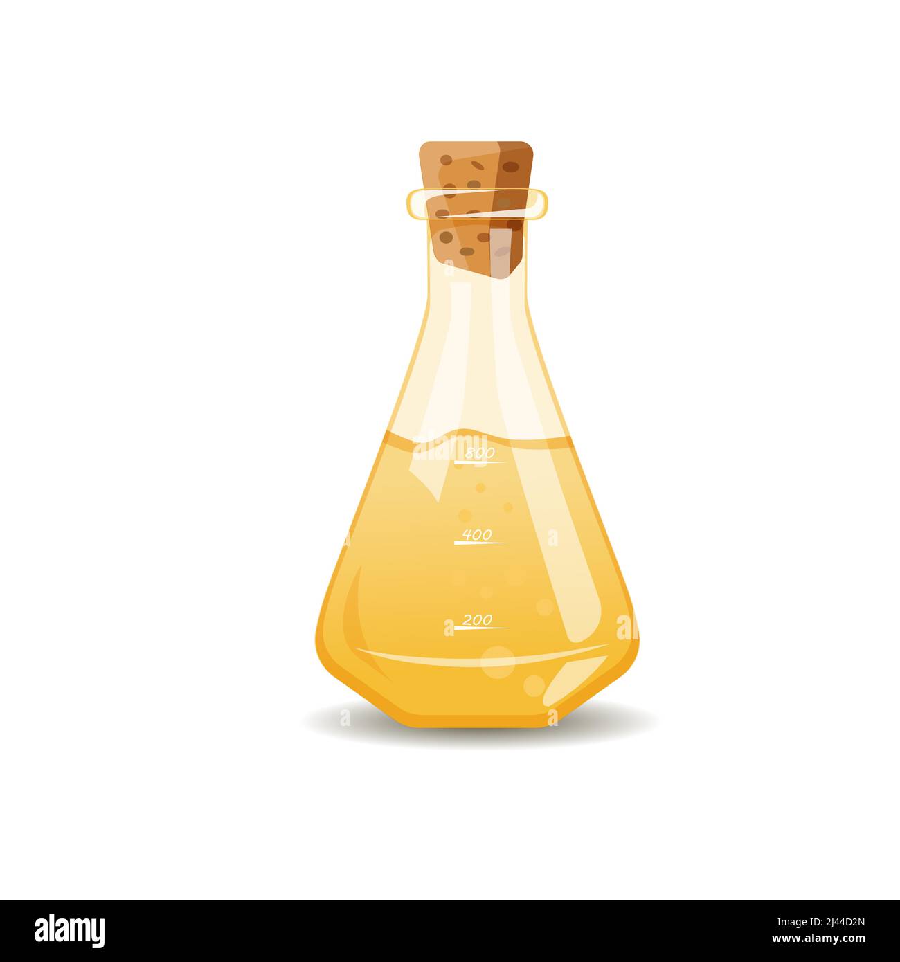 Immagine realistica del liquido giallo nel pallone di misurazione. Sostanze chimiche, olio, reagente. Concetto di chimica. Può essere utilizzato per argomenti come la scienza, la cucina, biochemi Illustrazione Vettoriale