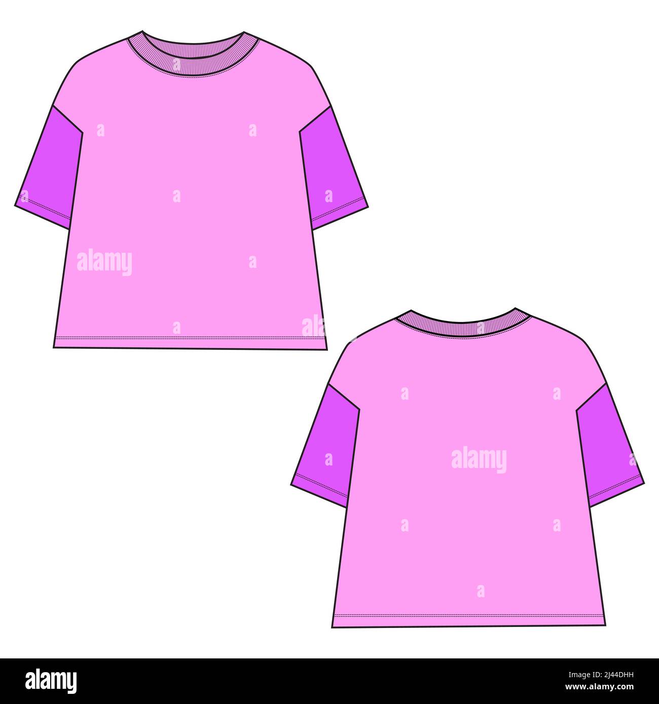 t shirt modello tecnico di disegno piatto moda per donna. Abbigliamento maglia di cotone illustrazione vettoriale raffigurazione mock up fronte, viste. Abbigliamento t Illustrazione Vettoriale