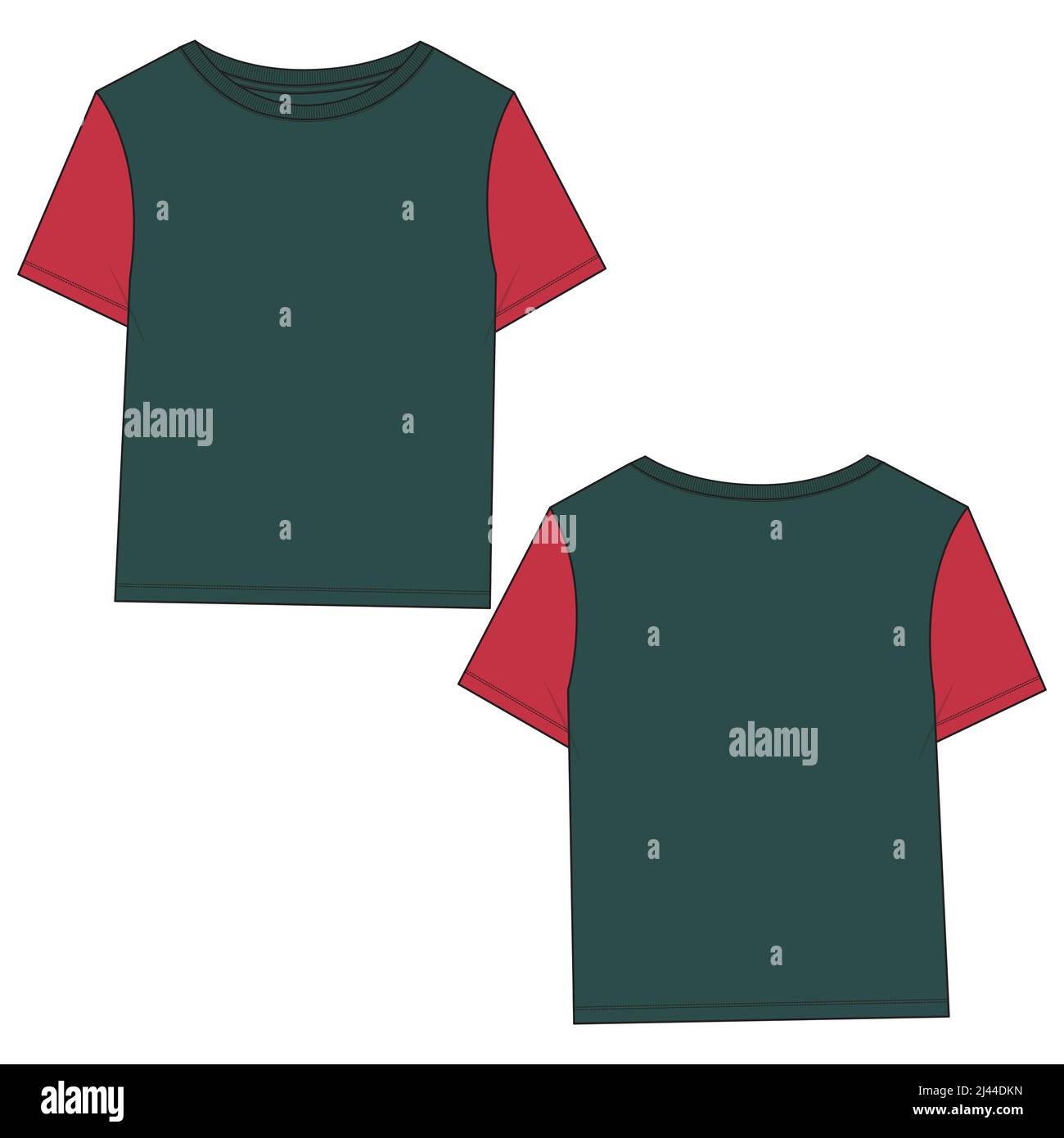t shirt modello tecnico di disegno piatto moda per donna. Abbigliamento maglia di cotone illustrazione vettoriale raffigurazione mock up fronte, viste. Abbigliamento t Illustrazione Vettoriale