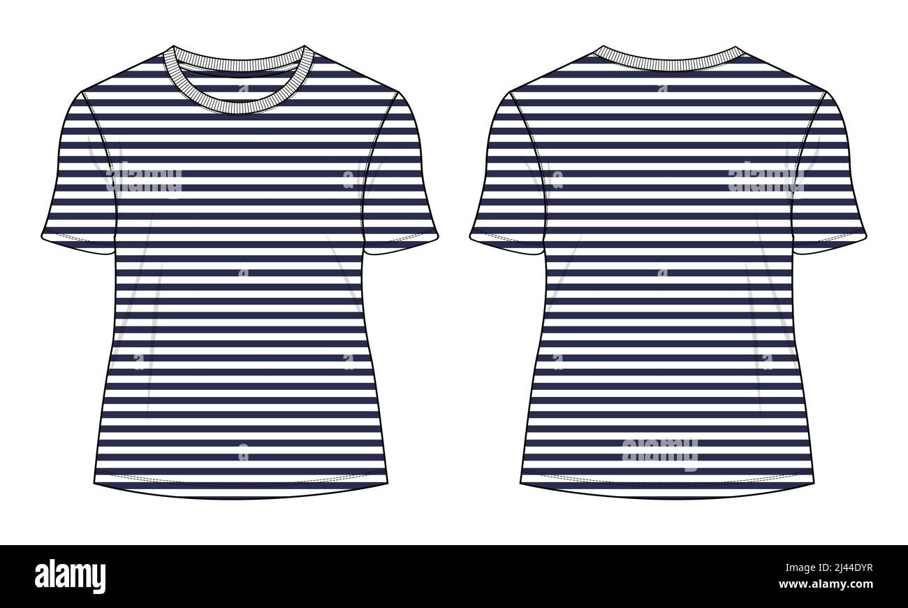 t shirt modello tecnico di disegno piatto moda per donna. Abbigliamento maglia di cotone illustrazione vettoriale raffigurazione mock up fronte, viste. Abbigliamento t Illustrazione Vettoriale