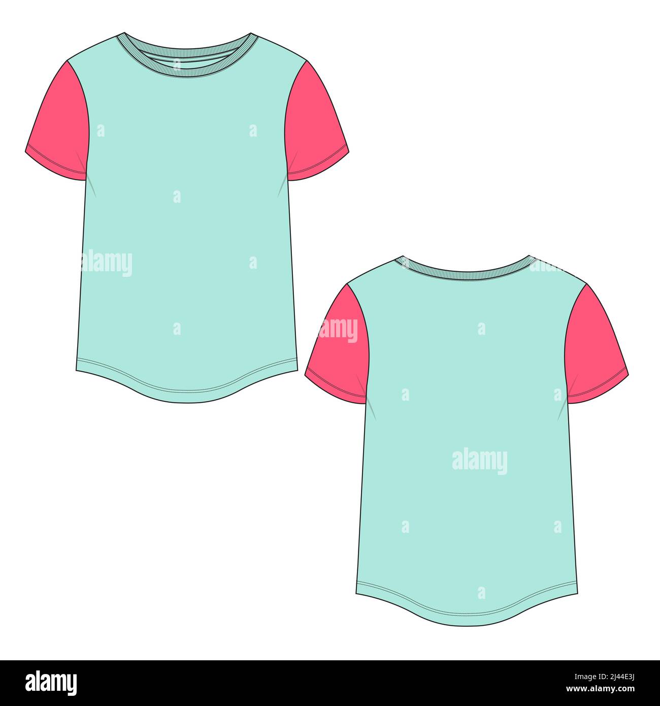T-shirt a manica corta con orlo a fondo tondo disegno di abito tecnica moda piatta disegno vettoriale modello per bambine e Signore. Cotone f Illustrazione Vettoriale