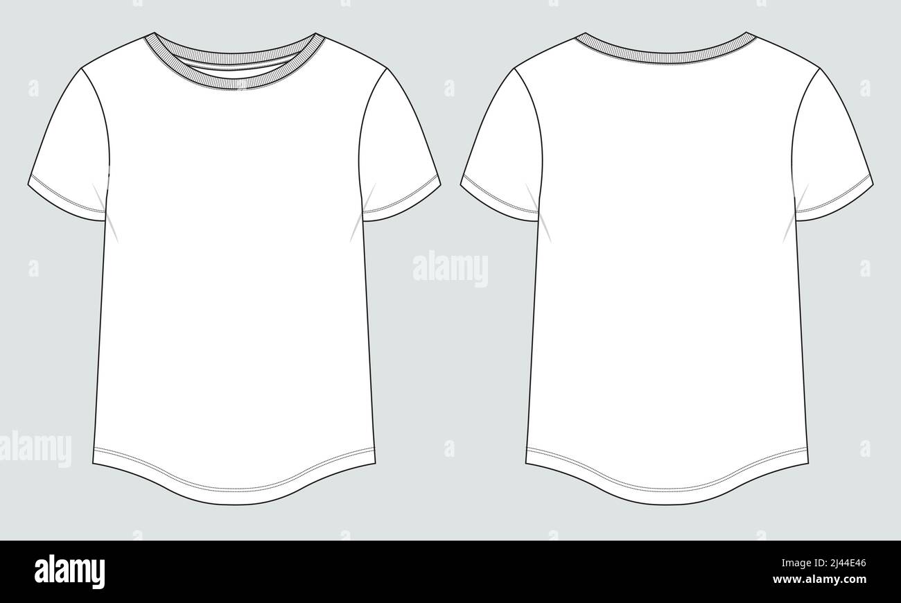 T-shirt a manica corta con orlo a fondo tondo disegno di abito tecnica moda piatta disegno vettoriale modello per bambine e Signore. Cotone f Illustrazione Vettoriale