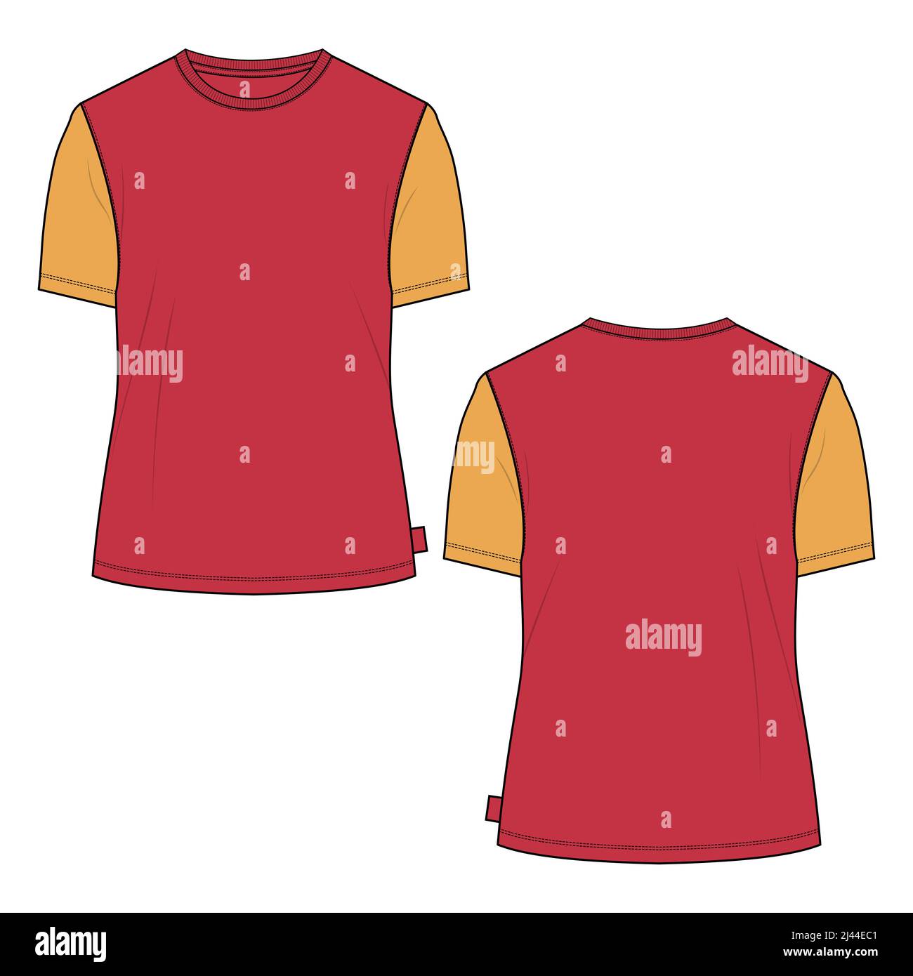 t shirt modello tecnico di disegno piatto moda per donna. Abbigliamento maglia di cotone illustrazione vettoriale raffigurazione mock up fronte, viste. Abbigliamento t Illustrazione Vettoriale