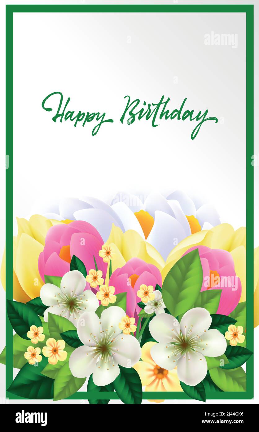 Allegro scritta di compleanno. Bella carta con desiderio in cornice verde. Testo scritto a mano, calligrafia. Può essere utilizzato per biglietti d'auguri, poster e volantini Illustrazione Vettoriale