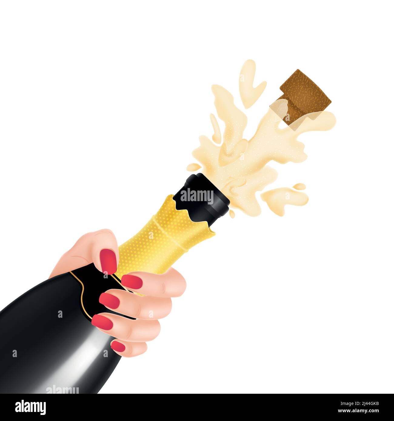 Illustrazione della bottiglia di champagne in mano donna con apertura in sughero. Capodanno, festa, vittoria, evento. Concetto di celebrazione. Elemento di design per il saluto ca Illustrazione Vettoriale