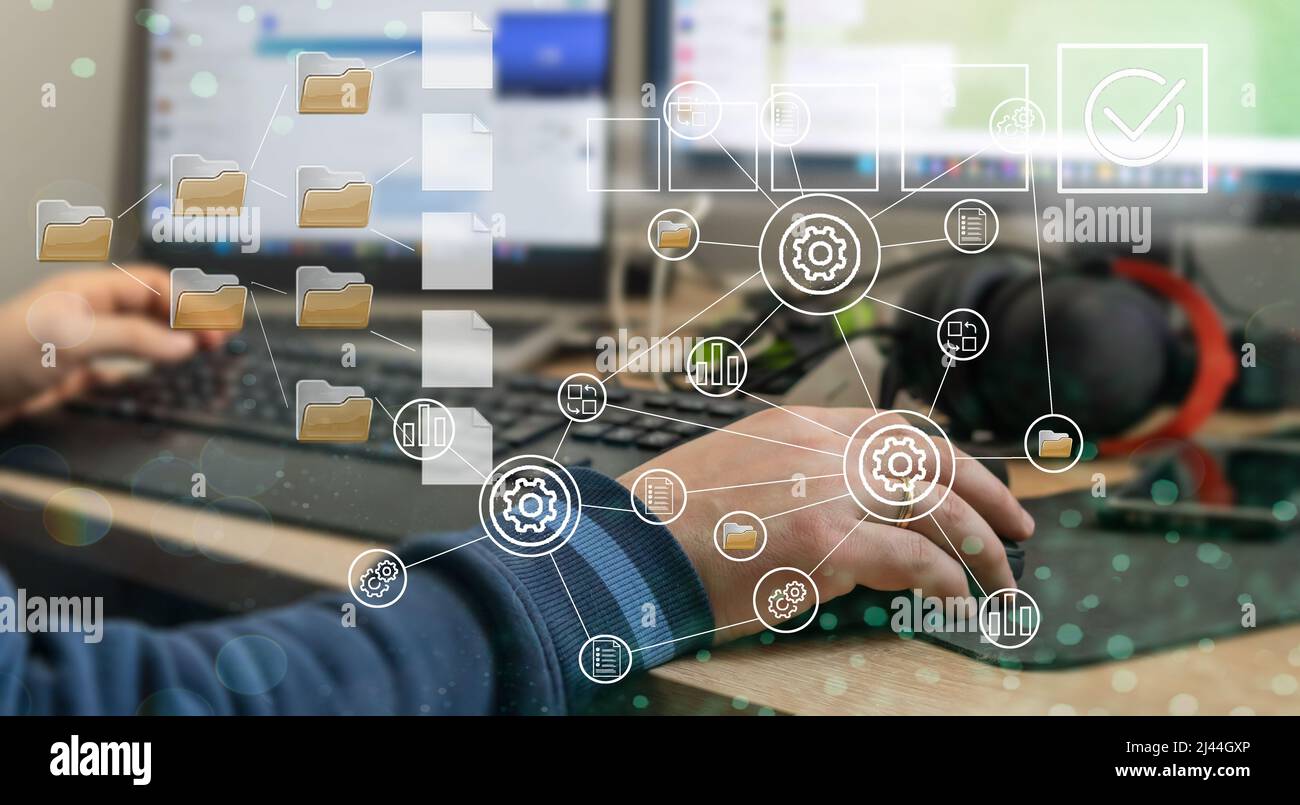 Gestione dei documenti, database e documentazione online, archiviazione di file digitali, software, registrazione, tecnologia di database, accesso ai file. Foto Stock