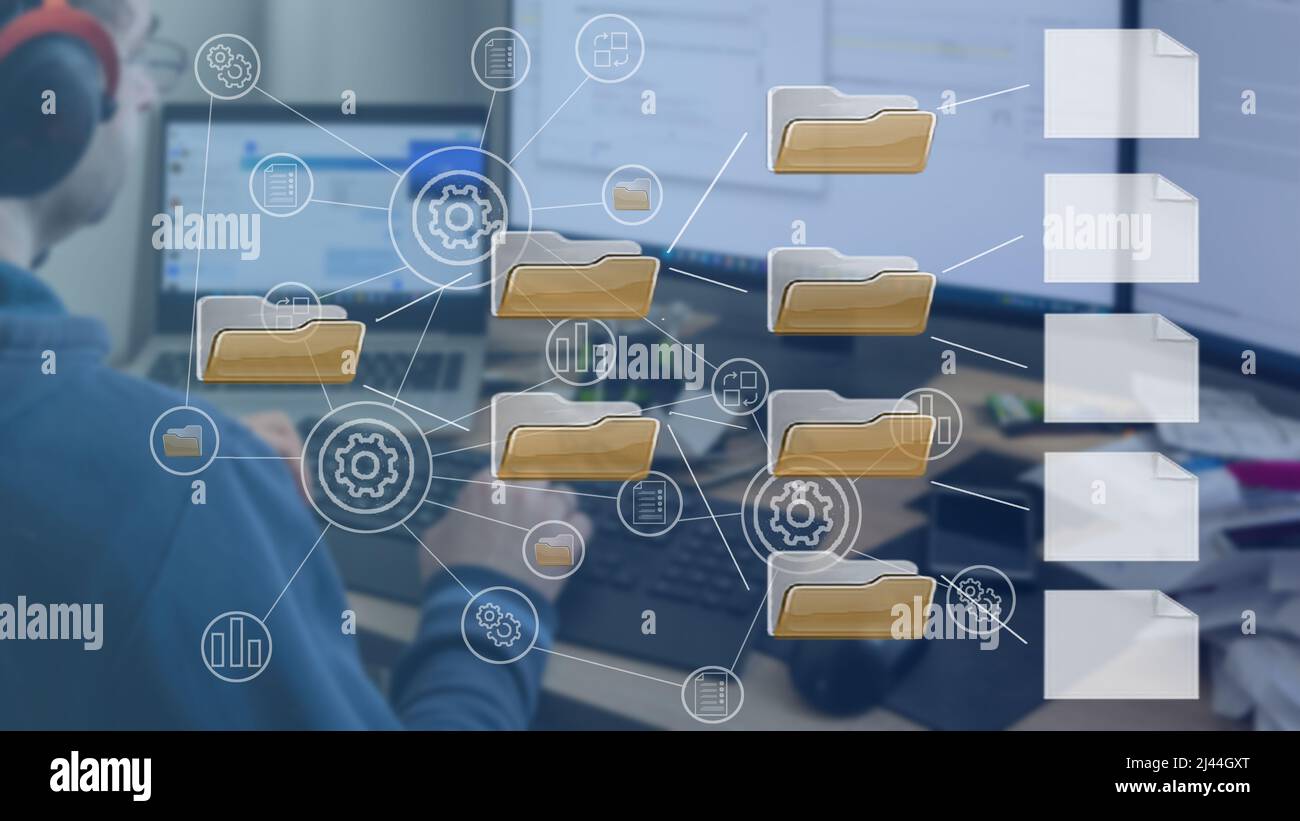 Gestione dei documenti, database e documentazione online, archiviazione di file digitali, software, registrazione, tecnologia di database, accesso ai file. Foto Stock