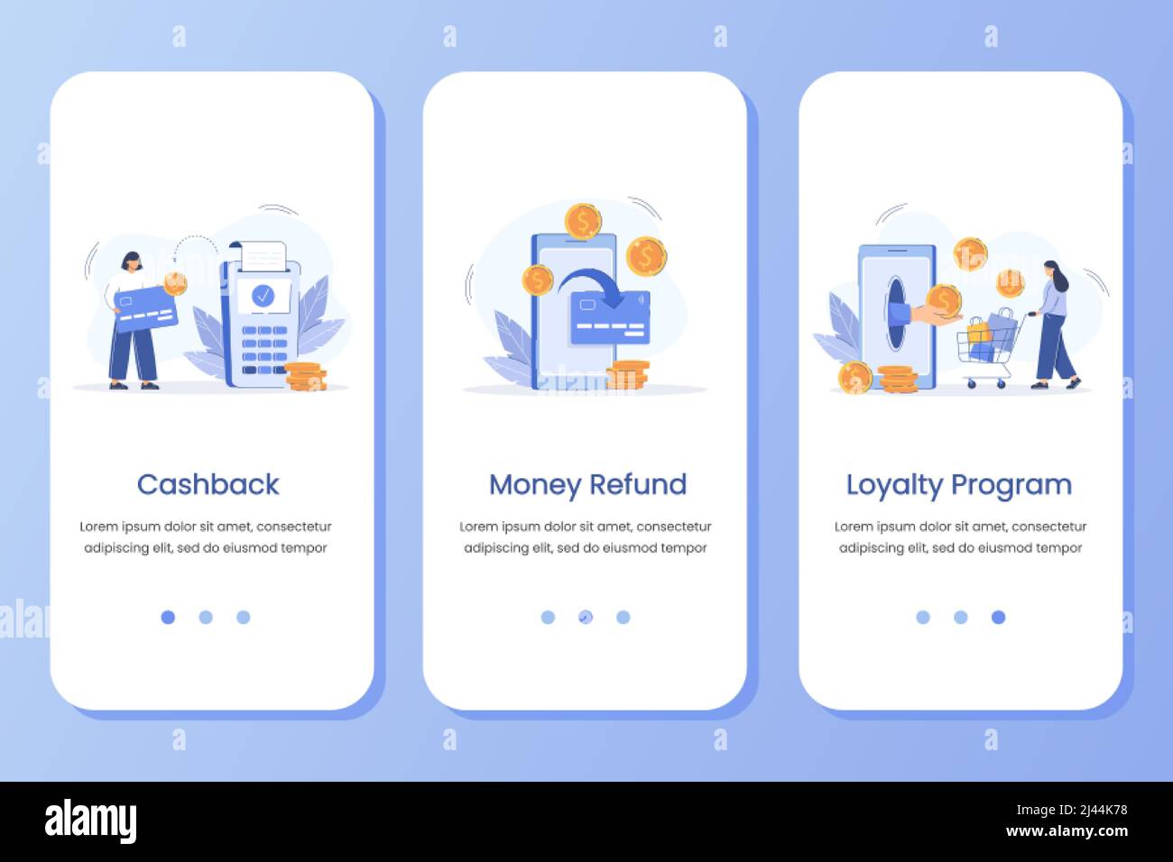 interfaccia utente della schermata di onboarding con concetto digitale di cashback, rimborso di denaro e programma fedeltà. Modello di banner vettoriale per siti Web, sviluppo di dispositivi mobili o app per telefono. I clienti flat ricevono premi e risparmiano. Illustrazione Vettoriale
