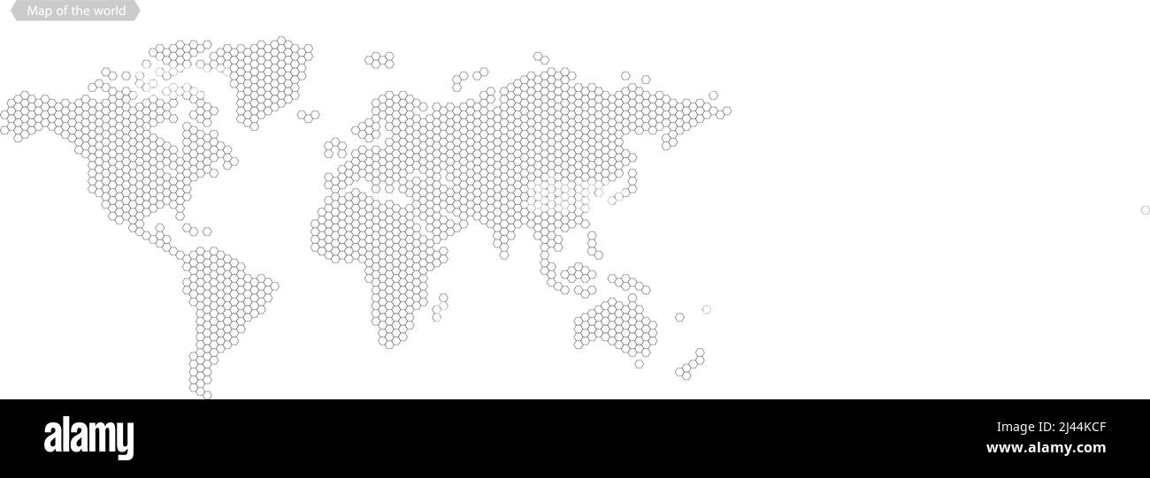 Mappa del mondo di punti esagonali, alfabeto inglese maiuscolo a LED, illustrazione vettoriale Illustrazione Vettoriale
