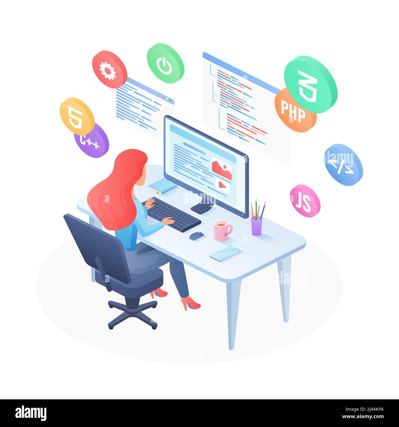 Linguaggi di programmazione del software del computer. Creazione di un set di istruzioni e algoritmi operativi Illustrazione Vettoriale