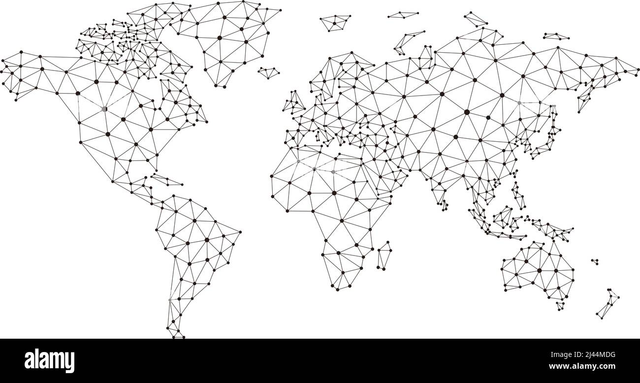 Astratta mappa del mondo delle telecomunicazioni con cerchi, linee e griglie, mappa della rete Internet mondiale mesh. Background delle comunicazioni sociali. Vettore Illustrazione Vettoriale