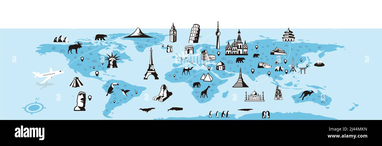 Punto di riferimento e mappa animale dell'illustrazione vettoriale del mondo Illustrazione Vettoriale