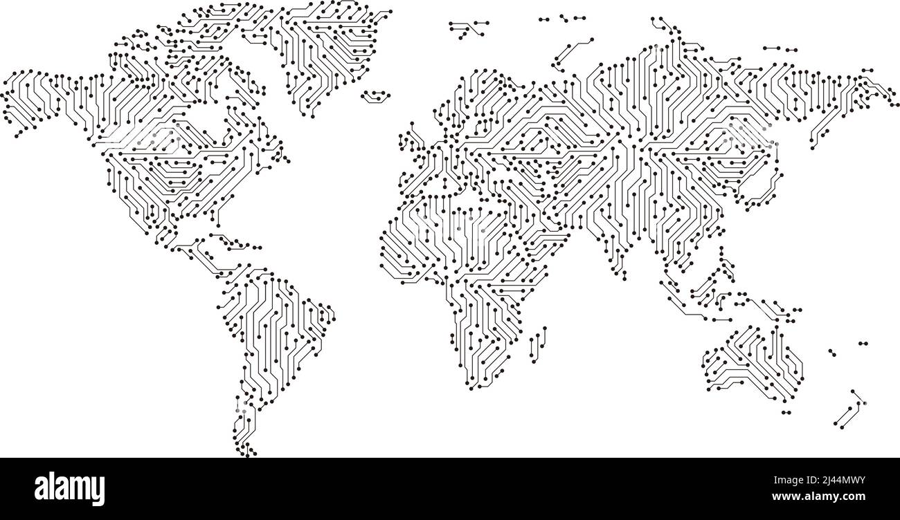 Rete Internet mondiale con circuito stampato. Background delle comunicazioni sociali. Mappa della terra. Illustrazione vettoriale Illustrazione Vettoriale