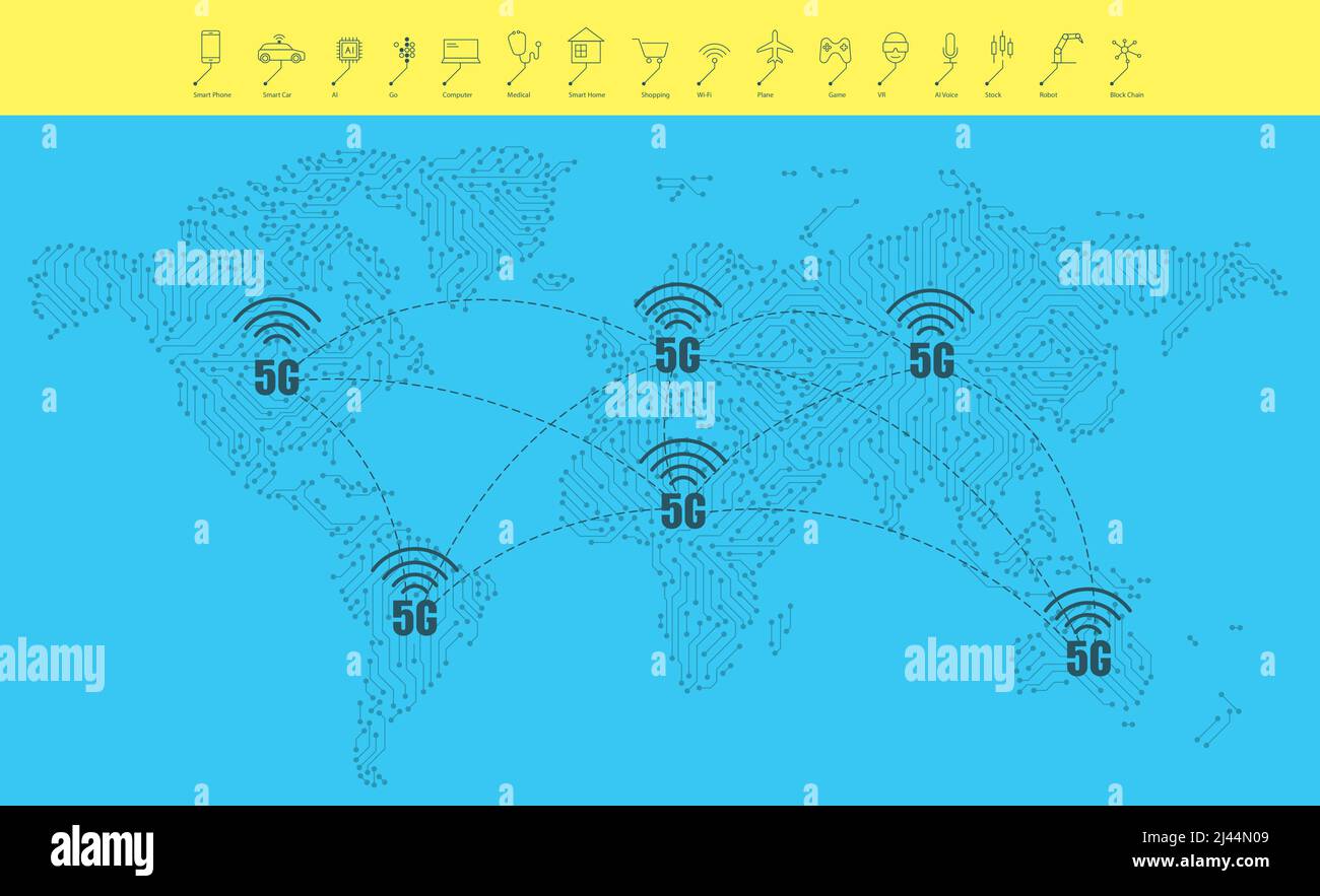 Sistemi wireless di rete mobile di 5G 5th generazione nel mondo. Tecnologie wireless e reti mobili Illustrazione Vettoriale