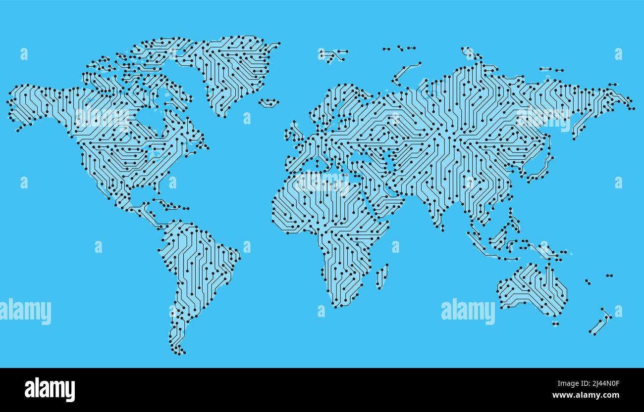 Rete Internet mondiale con circuito stampato. Background delle comunicazioni sociali. Mappa della terra. Illustrazione vettoriale Illustrazione Vettoriale