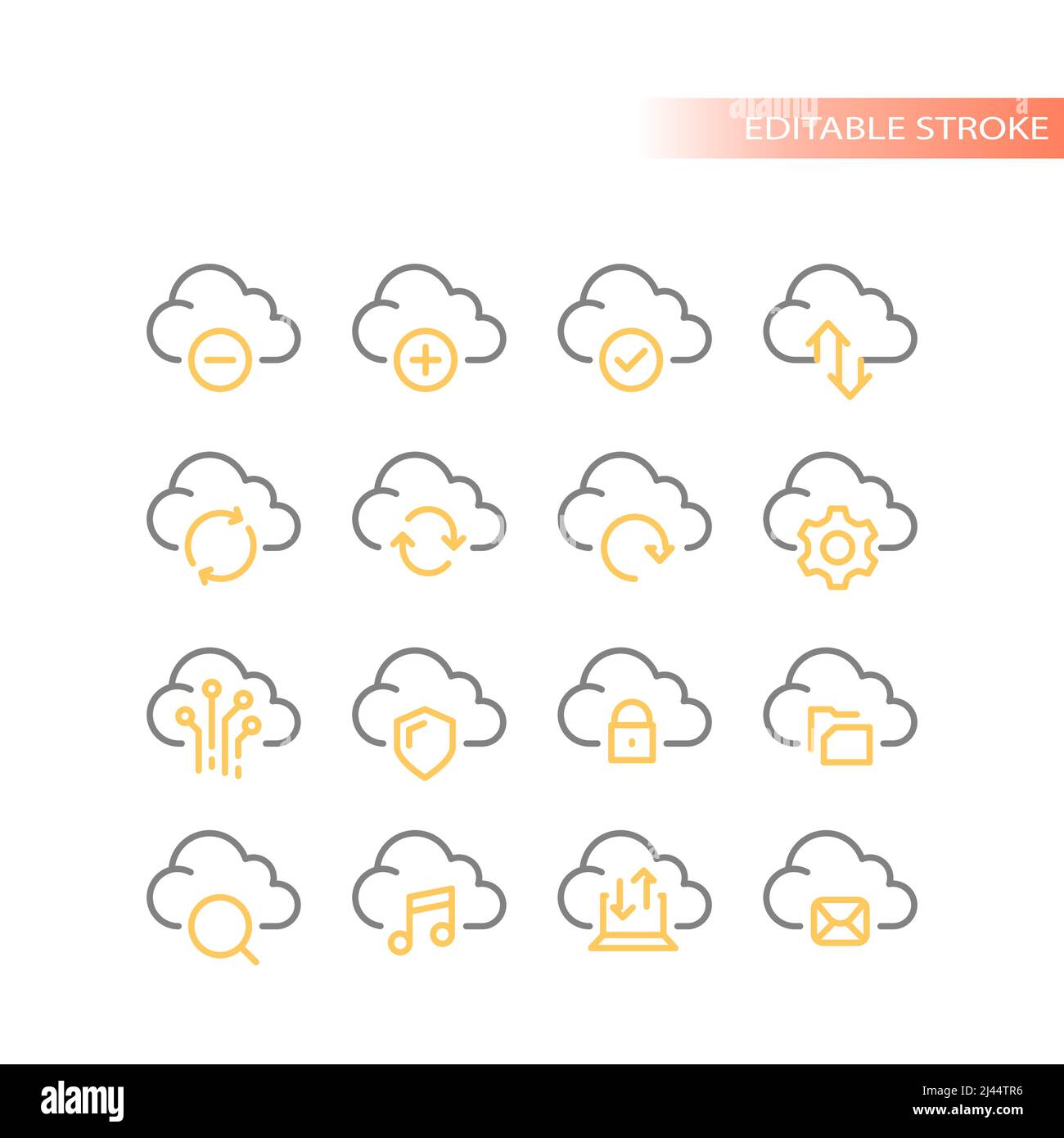Set di icone del vettore di archiviazione dati cloud. Caricare, scaricare icone di condivisione del servizio. Illustrazione Vettoriale