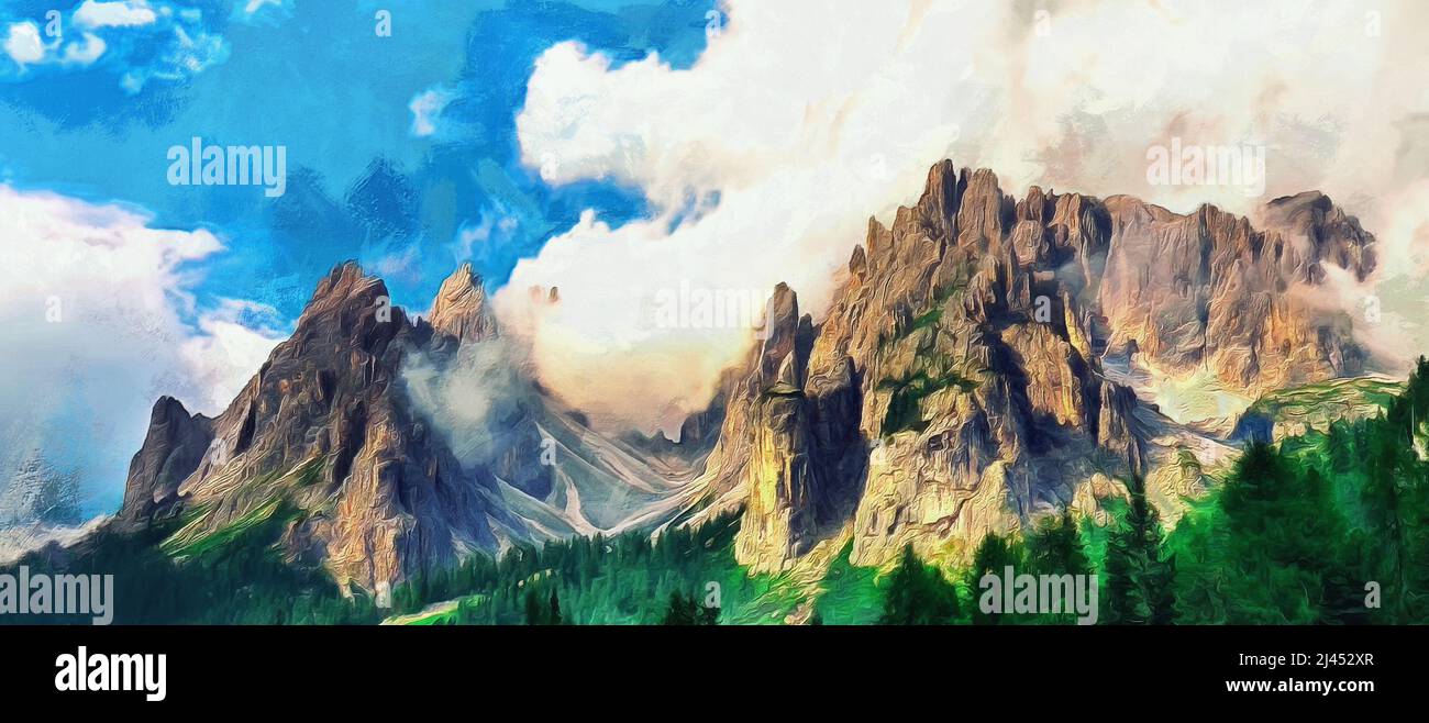 Nuvole spesse sulle montagne, ampia vista panoramica, opere d'arte sul tema della natura Foto Stock