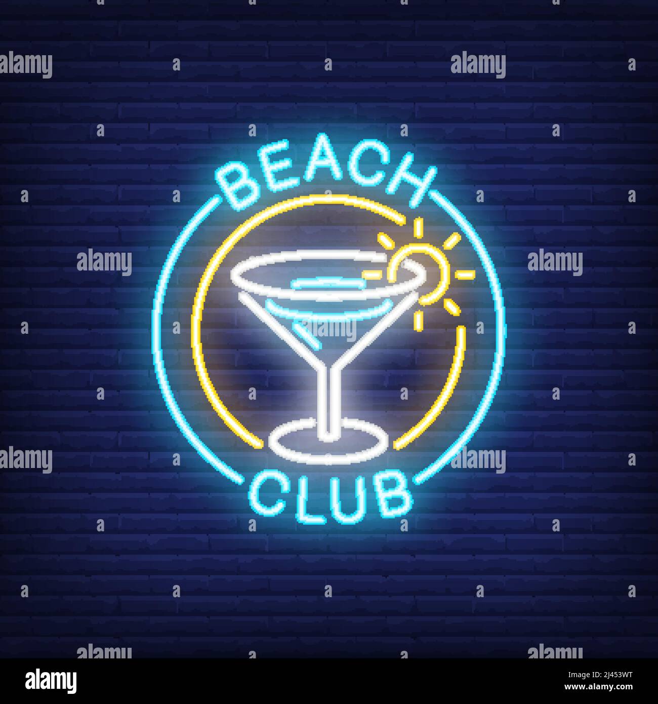 Beach club, lettere e cocktail in cerchio. Cartello al neon su sfondo mattone. Bar, ristorante, martini. Concetto di nightclub. Per argomenti come la vacanza, res Illustrazione Vettoriale