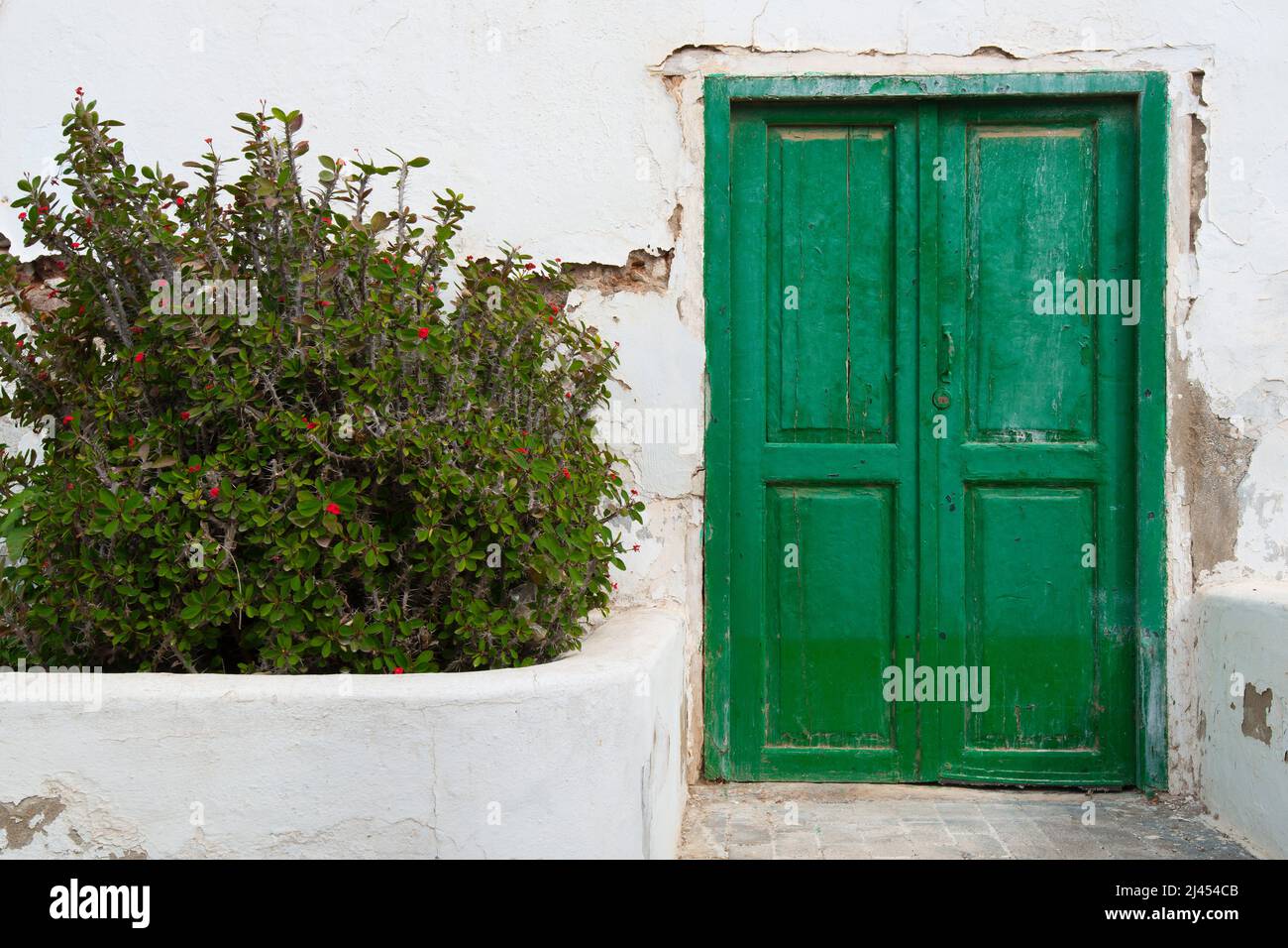 Typisches altes Weißes Haus mit farbigen Türen und Fenstern, Teguise, ehemalige Hauptszadt der Insel Lanzarote, kanarische Inseln, Kanaren, Spanien Foto Stock
