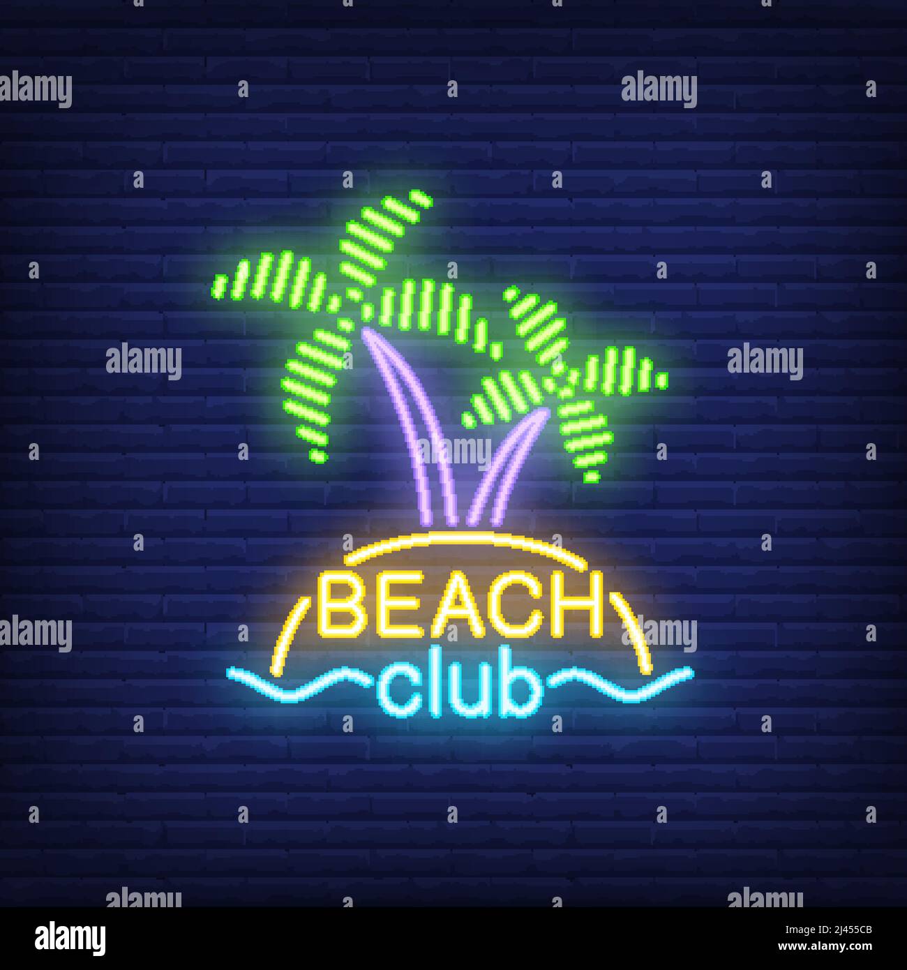 Beach club, lettere e cocktail e isola con palme. Cartello al neon su sfondo mattone. Bar, ristorante, resort estivo. Concetto di vacanza estiva. Per t. Illustrazione Vettoriale