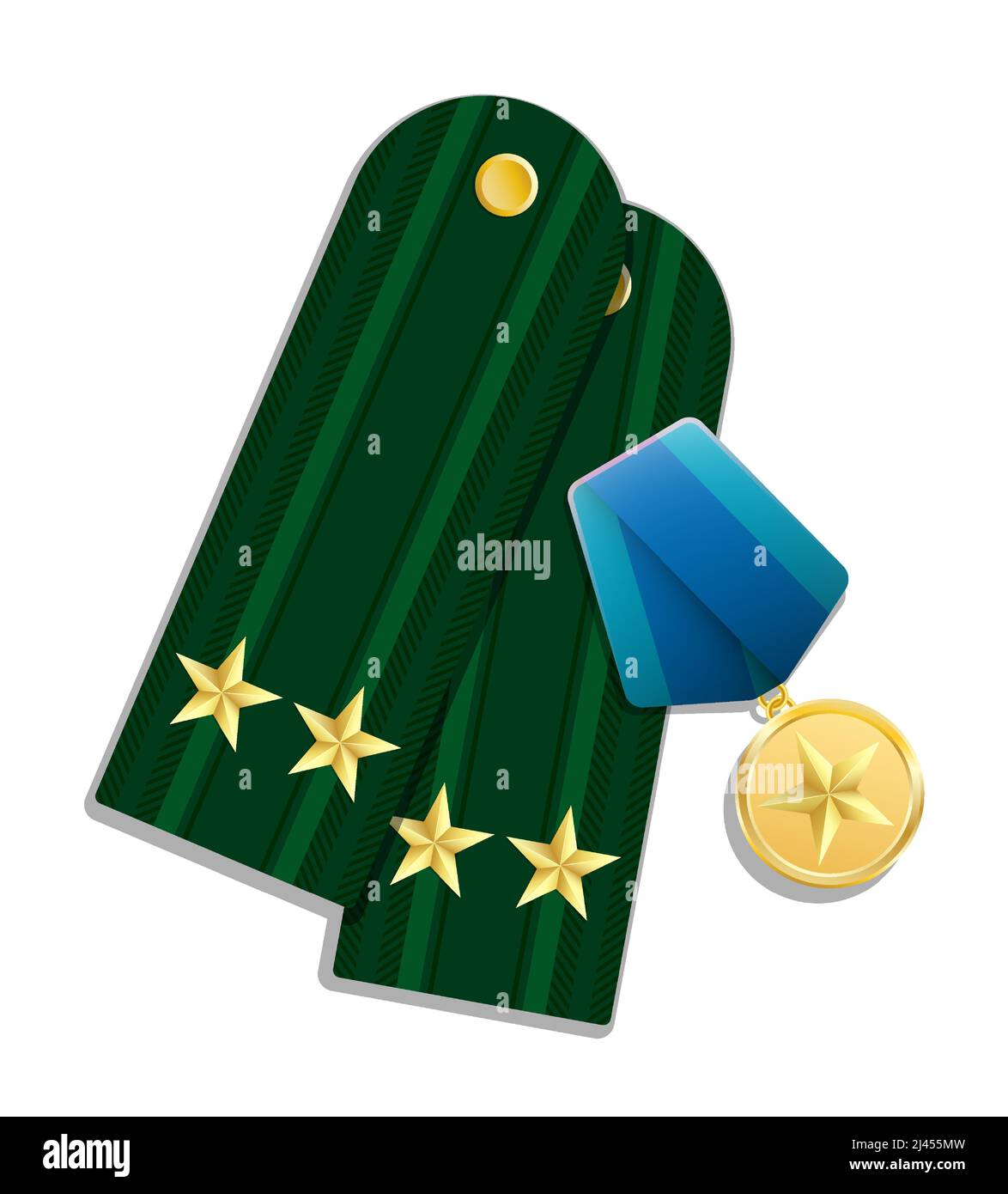Spalline soldato con medaglia d'oro per eroismo. Insegne dell'esercito di forze navali e terrestri. Vettore realistico isolato su sfondo bianco Illustrazione Vettoriale