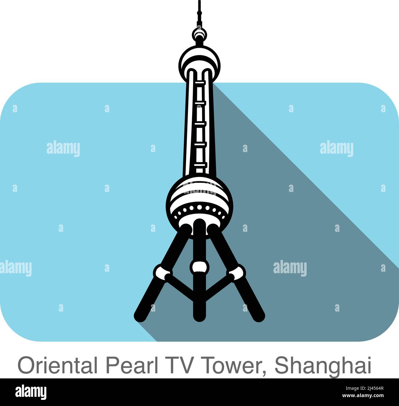 Oriental Pearl TV Tower, Shanghai, famoso punto di riferimento design icona piatta, famoso punto panoramico Illustrazione Vettoriale