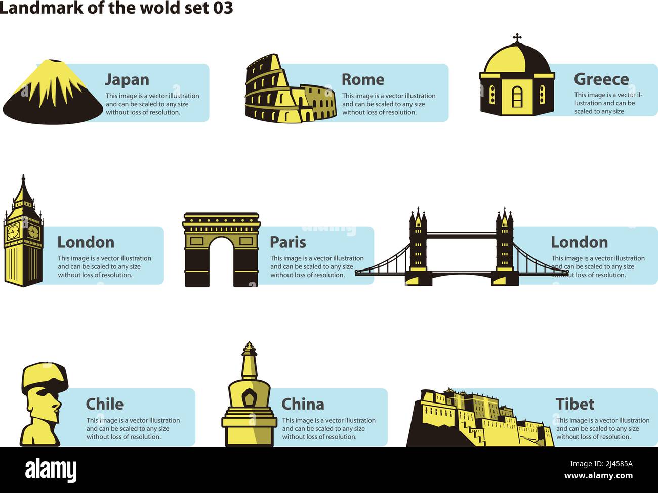 I punti di riferimento del mondo, etichetta della famosa Place, vettore Illustrazione Vettoriale