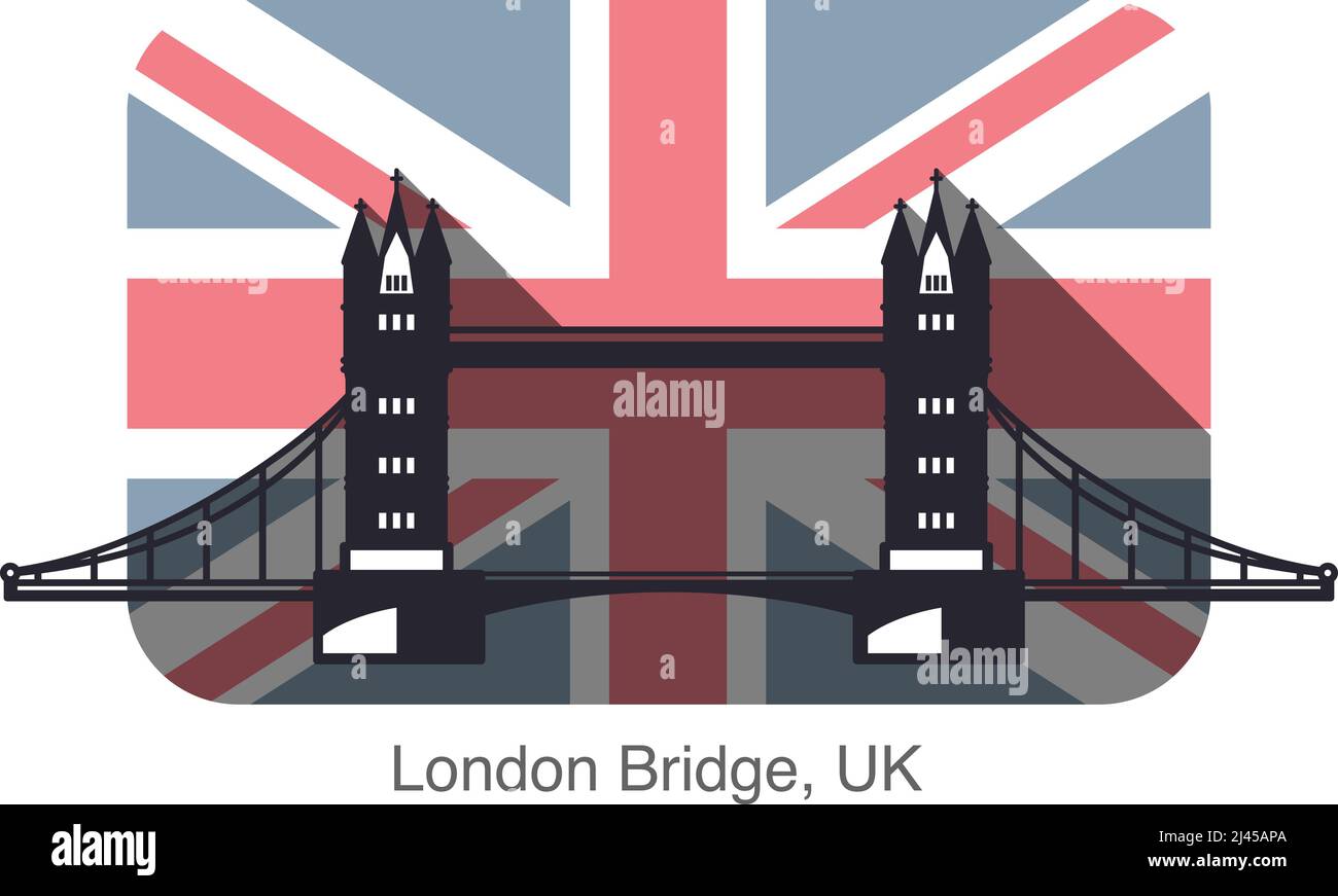 Big Ben, Londra, landmark icona piatto design, lo sfondo è bandiera britannica Illustrazione Vettoriale
