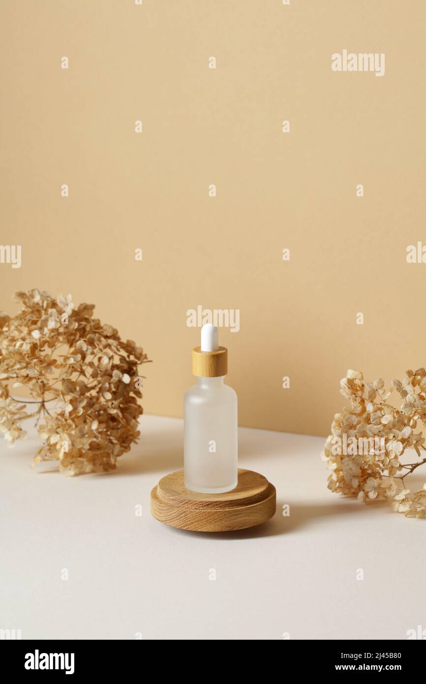Bottiglia contagocce trasparente su podio in legno con fiori secchi su sfondo beige pastello. Design estetico e minimale per il packaging dei prodotti di bellezza. Foto Stock