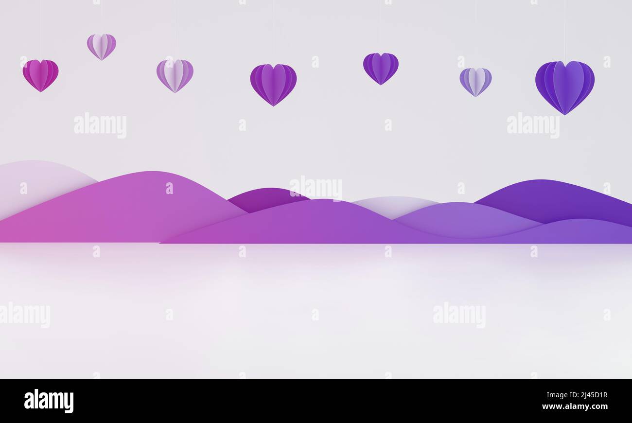 Cuori di carta appesi e una scena teatrale di montagne. Carta regalo o poster. 3D illustrazione. Foto Stock