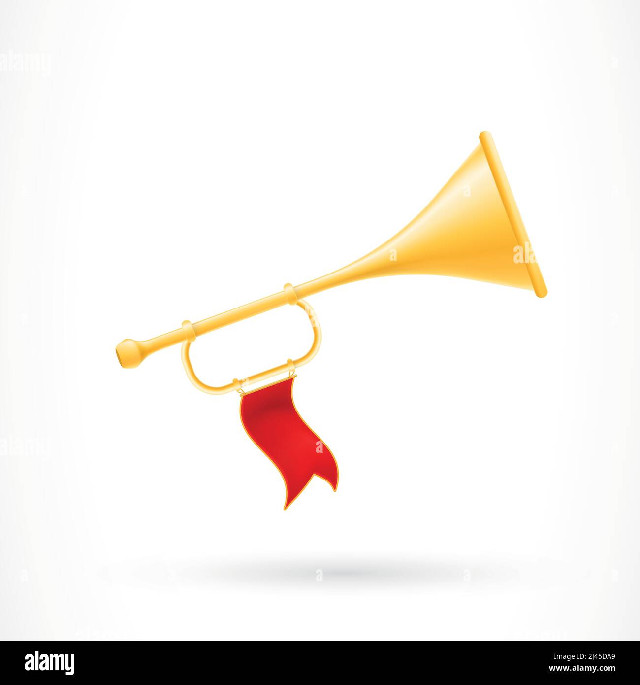 Illustrazione della tromba dorata con bandiera rossa. Strumento musicale, corno, retrò. Concetto di musica. Elemento di design per striscioni, poster, volantini. Illustrazione Vettoriale