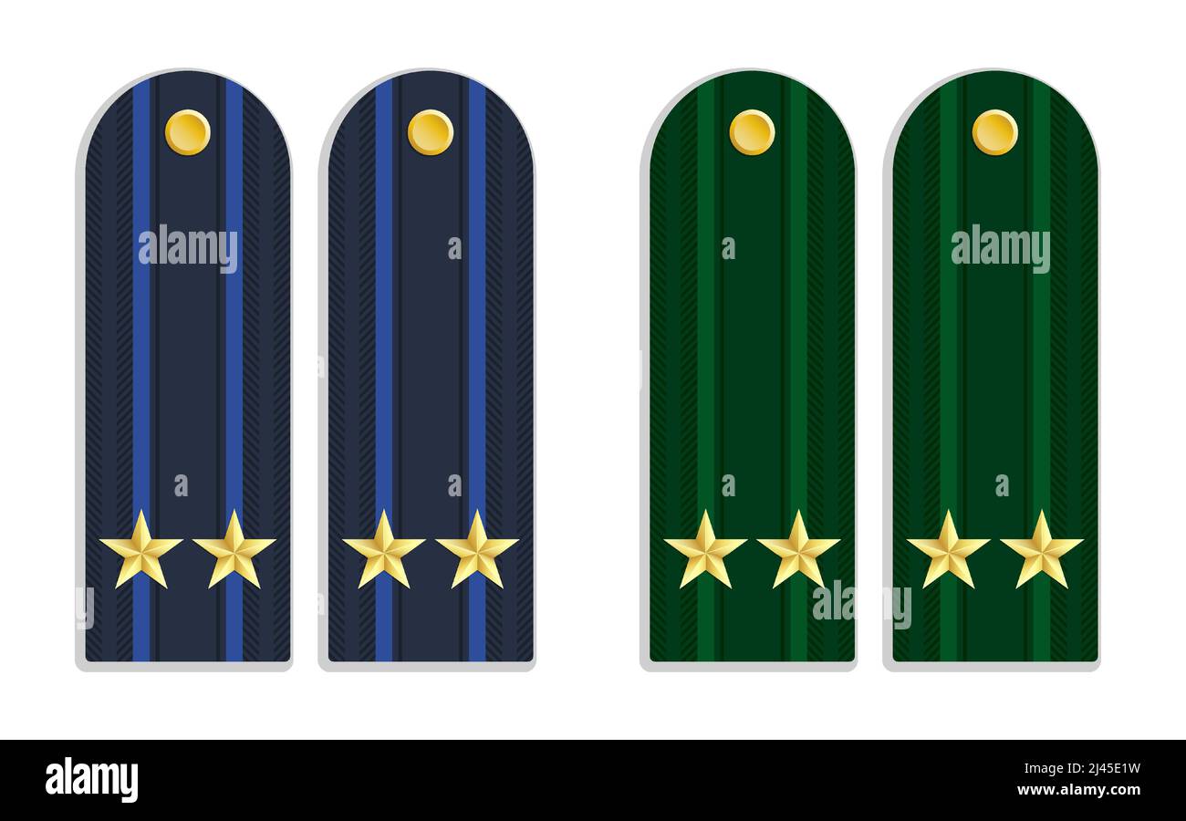 Spalline soldato blu e verde. Insegne dell'esercito di forze navali e terrestri. Vettore cartoon isolato su sfondo bianco Illustrazione Vettoriale