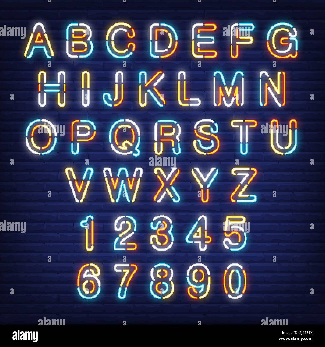 Alfabeto inglese e numeri colorati segni al neon. Illustrazione vettoriale in stile neon per pubblicità notturna brillante. Illustrazione Vettoriale