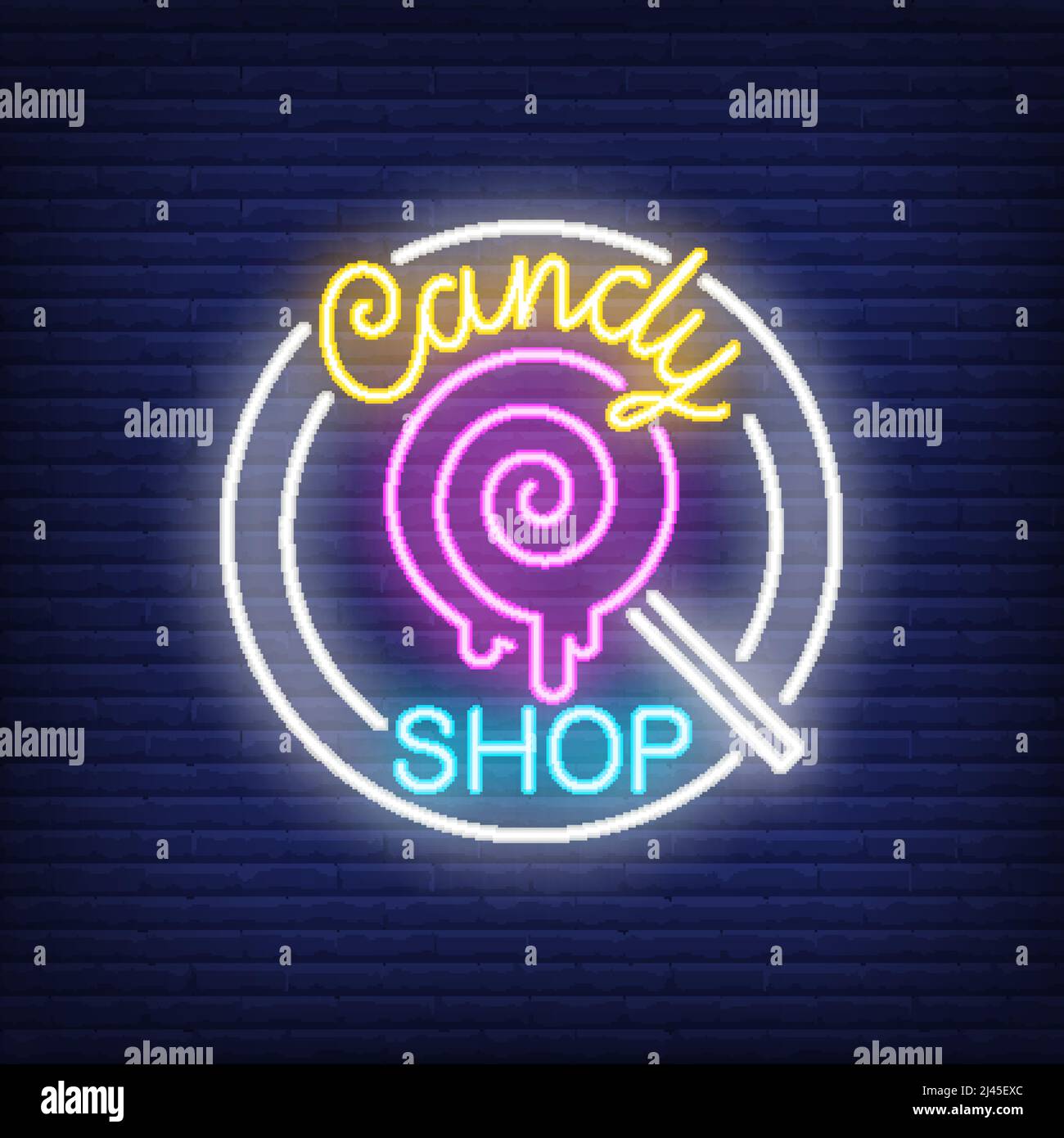 Insegna al neon del negozio di dolciumi. Schiocco di lollipop di pin-up sul bastone in cerchio sul muro di mattone. Pubblicità notturna brillante. Illustrazione vettoriale in stile neon per caffè e con Illustrazione Vettoriale